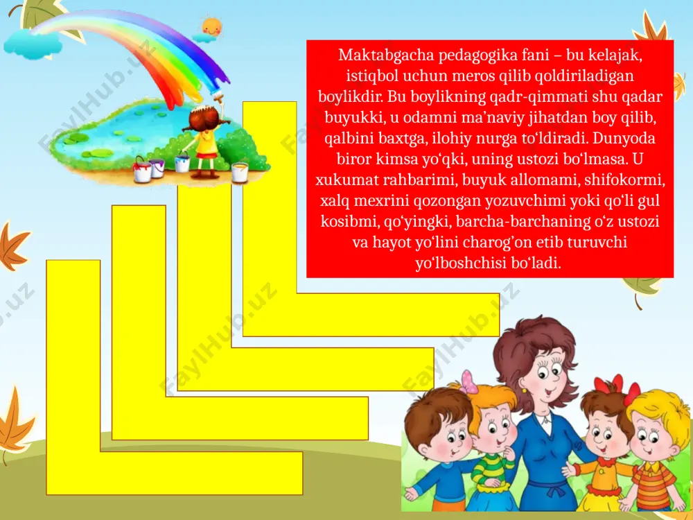 ilmiy ma'lumotlarning dalolat berishicha, bola ularni darhol emas, balki asta-sekin va katta yoshdagi odamning rahbarligida egallaydi. bola faoliyatining xilma-xilligi va boyligi, uni egallashdagi muvaffaqiyat oiladagi, bolalar bog�chasidagi tarbiya va ta'lim sharoitlariga bog�lik, bo�ladi. e’tiboringiz uchun raxmat.! image1.jpeg image2.jpeg image3.png image4.png image5.png image6.png image7.png image8.png image9.png image10.png image11.jpeg image12.png image13.png /docprops/thumbnail.jpeg