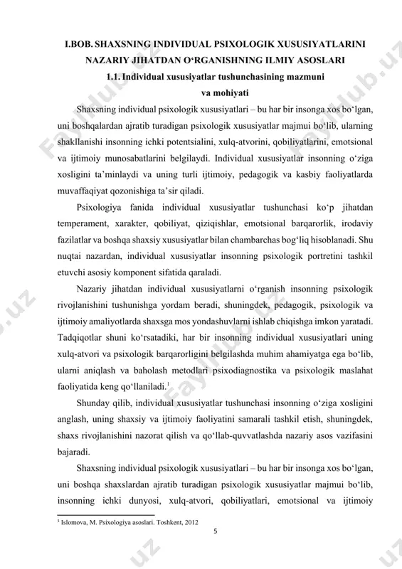 ini ta’minlaydi. shaxsiy va ijtimoiy faoliyatni boshqarish: shaxsning qobiliyatlari, temperamenti va xarakteri uning ish faoliyati, bilim olish, ijodiy va sport faoliyati kabi sohalarda muvaffaqiyat qozonishiga ta’sir qiladi. emotsional va irodaviy barqarorlikni saqlash: individual xususiyatlar stressli vaziyatlarda shaxsning reaksiyasi, qaror qabul qilishi va muammolarni yechish qobiliyatini belgilaydi. psixologiya nazariyasi bo‘yicha individual xususiyatlar uch asosiy komponentdan iborat deb hisoblanadi: temperament: insonning hissiy reaksiyalari va faollik darajasi bilan bog‘liq asosiy psixologik xususiyatlar. xarakter: shaxsning ijtimoiy va axloqiy xulq-atvorini belgilovchi barqaror xususiyatlar majmui. qobiliyat va iqtidor: shaxsning turli faoliyat sohalarida muvaffaqiyat qozonish qobiliyatini belgilovchi individual salohiyat. shuningdek, individual xususiyatlar shaxsning ijtimoiy muhit bilan o‘zaro ta’sirini tahlil qilishda ham katta ahamiyatga ega. masalan, oilaviy tarbiya, maktabdagi o‘qituvchilarning yondashuvi va jamiyatdagi madaniy muhit shaxsning individual xususiyatlarini shakllantirishda asosiy rol o‘ynaydi. shu bilan birga, individual xususiyatlar shaxsning kasbiy yo‘nalishini tanlashda va kasbiy muvaffaqiyatga erishishda muhim omil hisoblanadi. tadqiqotlar shuni ko‘rsatadiki, har bir insonning individual xususiyatlari uning ijtimoiy …