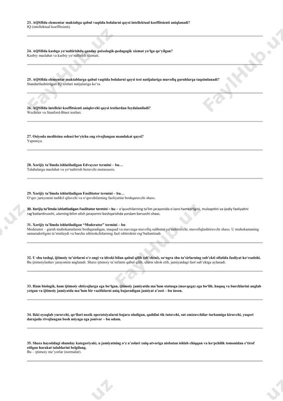 vofiq guruhlarga taqsimlanadi? standartlashtirilgan iq testlari natijalariga ko‘ra. 26. aqshda intellekt koeffitsienti aniqlovchi qaysi testlardan foydalaniladi? wechsler va stanford-binet testlari. 27. osiyoda meditsina sohasi bo‘yicha eng rivojlangan mamlakat qaysi? yaponiya. 28. xorijiy ta’limda ishlatiladigan edvayzer termini – bu… talabalarga maslahat va yo‘naltirish beruvchi mutaxassis. 29. xorijiy ta’limda ishlatiladigan fasilitator termini – bu… o‘quv jarayonini tashkil qiluvchi va o‘quvchilarning faoliyatini boshqaruvchi shaxs. 30. xorijiy ta‘limda ishlatiladigan fasilitator termini – bu – o‘quvchilarning ta'lim jarayonida o‘zaro hamkorligini, muloqotini va ijodiy faoliyatini rag‘batlantiruvchi, ularning bilim olish jarayonini boshqarishda yordam beruvchi shaxs. 31. xorijiy ta’limda ishlatiladigan “moderator” termini – bu moderator – guruh muhokamalarini boshqaradigan, maqsad va mavzuga muvofiq suhbatni yo‘naltiruvchi, muvofiqlashtiruvchi shaxs. u muhokamaning samaradorligini ta’minlaydi va barcha ishtirokchilarning faol ishtirokini rag‘batlantiradi. 32. u shu tashqi, ijtimoiy ta’sirlarni o‘z ongi va idroki bilan qabul qilib (ob’ektni), so‘ngra shu ta’sirlarning sub’ekti sifatida faoliyat ko‘rsatishi. bu ijtimoiylashuv jarayonini anglatadi. shaxs ijtimoiy ta’sirlarni qabul qilib, ularni …