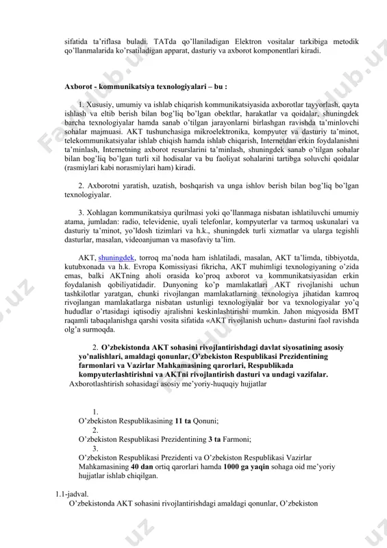 iladigan elektron vositalar tarkibiga metodik qo’llanmalarida ko’rsatiladigan apparat, dasturiy va axborot komponentlari kiradi. axborot - kommunikatsiya texnologiyalari – bu : 1. xususiy, umumiy va ishlab chiqarish kommunikatsiyasida axborotlar tayyorlash, qayta ishlash va eltib berish bilan bog’liq bo’lgan obektlar, harakatlar va qoidalar, shuningdek barcha texnologiyalar hamda sanab o’tilgan jarayonlarni birlashgan ravishda ta’minlovchi sohalar majmuasi. akt tushunchasiga mikroelektronika, kompyuter va dasturiy ta’minot, telekommunikatsiyalar ishlab chiqish hamda ishlab chiqarish, internetdan erkin foydalanishni ta’minlash, internetning axborot resurslarini ta’minlash, shuningdek sanab o’tilgan sohalar bilan bog’liq bo’lgan turli xil hodisalar va bu faoliyat sohalarini tartibga soluvchi qoidalar (rasmiylari kabi norasmiylari ham) kiradi. 2. axborotni yaratish, uzatish, boshqarish va unga ishlov berish bilan bog’liq bo’lgan texnologiyalar. 3. xohlagan kommunikatsiya qurilmasi yoki qo’llanmaga nisbatan ishlatiluvchi umumiy atama, jumladan: radio, televidenie, uyali telefonlar, kompyuterlar va tarmoq uskunalari va dasturiy ta’minot, yo’ldosh tizimlari va h.k., shuningdek turli xizmatlar va ularga tegishli dasturlar, masalan, videoanjuman va masofaviy ta’lim. akt, shuningdek, torroq …