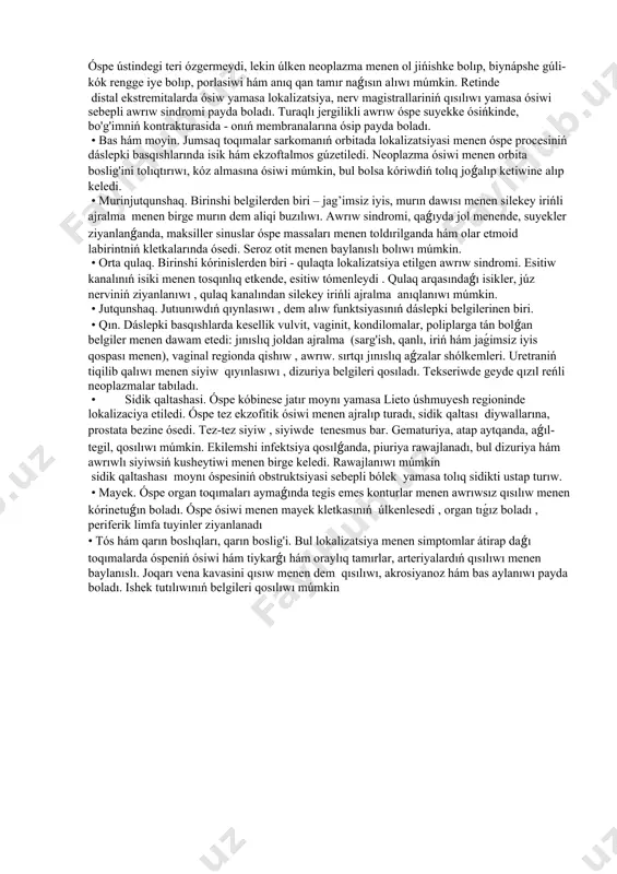 wırǵan nawqaslardı emlew ushın kompleks terapiya, sonday-aq baslanǵısh inoperabl óspeleri bolǵan nawqaslar ushın neoadjuvant pctniń túrli usılları yamasa óspe operatsiyaǵa jaramlı bolǵan táǵdirde birinshi basqıshda xirurgiya aralasıw, morfologiyalıq izertlewden keyin radiatsiya terapiyası qollanıladı. alıp taslanǵan óspe hám operatsiyanıń radikalligini bahalaw. túrli avtorlardıń pikirine kóre, prognostik tárepten qolay bolǵan nawqaslardıń bes jıllıq ulıwma aman qalıwı jaǵdaylardıń 80-90% ga etedi. joqarı qáwip toparına kiretuǵın nawqaslardıń aman qalıw dárejesi júdá tómenligishe qalıp atır. klassifikaciyasi jumsaq toqımalar sarkomasi klassifikaciyalawda házirgi waqıtta tnm sisteması boyınsha o'spelerdiń xalıq aralıq klassifikaciyası, rabdomiyosarkomani úyreniw boyınsha xalıq aralıq gruppa (irs) klassifikaciyası, sonıń menen birge, klinikalıq klassifikaciyalar qollanıladı. keselliktiń keshiwi hám aman qalıwına tásir etiwshi zárúrli prognostik faktor - bul o'speniń qawipli dárejesi, bul morfologiyalıq tekseriw arqalı mitozlar sanı boyınsha anıqlanadı. klinikalıq gruppalar • i klinikalıq gruppa : lokalizatsiya etilgen óspe tolıq alıp taslanǵan, regionlıq limfa túyinlerinde metastazlar joq, bul gistologik tekseriw menen tastıyıqlanadi. óspe sheklengen ol rawajlanatuǵın organ yamasa …
