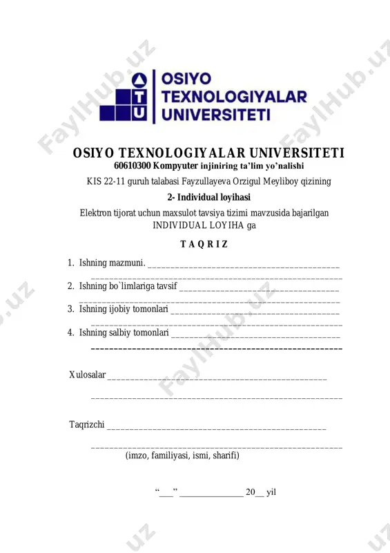 ………...32 xulosa ………………………………………………………………….…………...35 foydalanilgan adabiyotlar……………………………………………...36 2 kirish bugungi kunda raqamli texnologiyalarning jadal rivojlanishi, internet tarmog‘ining keng tarqalishi va smart qurilmalarning kundalik hayotga kirib kelishi natijasida elektron tijorat sohasi keskin sur’atlar bilan o‘sib bormoqda. an’anaviy savdo-sotiq uslublari o‘rnini tobora elektron platformalar egallamoqda. foydalanuvchilar istalgan mahsulotni yoki xizmatni bir necha daqiqa ichida onlayn tarzda topib, xarid qilish imkoniga egalar. bunday qulayliklar raqobatning kuchayishiga, kompaniyalarning o‘z mahsulotlarini yanada samarali va individual yondashuv asosida tavsiya etishga bo‘lgan ehtiyojining ortishiga olib kelmoqda. aynan shu yerda mahsulot tavsiya tizimlari muhim rol o‘ynaydi. mahsulot tavsiya tizimlari foydalanuvchilarning ilgari bajargan harakatlari, qidiruvlari, baholari yoki xaridlari asosida ularni qiziqtirishi mumkin bo‘lgan mahsulotlarni avtomatik tarzda tavsiya etuvchi sun’iy intellektga asoslangan tizimlardir. ushbu tizimlar foydalanuvchining qiziqishlariga mos mahsulotlarni taklif qilish orqali nafaqat uning xarid tajribasini soddalashtiradi, balki kompaniya uchun ham daromadni oshirish, mijozni ushlab qolish va unga individual xizmat ko‘rsatish imkoniyatlarini yaratadi. amazon, netflix, youtube, spotify kabi yirik kompaniyalar tavsiya tizimlaridan …