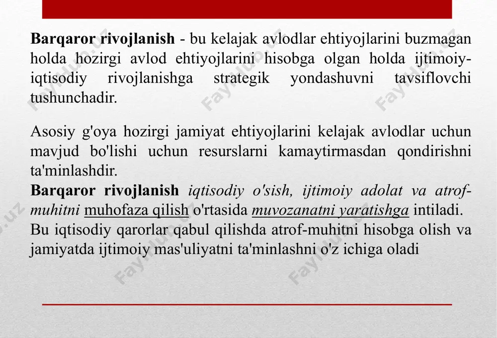 tasidagi tengsizlikni kamaytirish. 11. barqaror shaharlar va qulay yashash joylarini yaratish: barqaror shaharlar va jamiyatlarni yaratish. 12. mas’uliyatli iste’mol va ishlab chiqarish: mas'uliyatli iste'mol va ishlab chiqarishga ko‘maklashuv. 13. iqlim o‘zgarishiga qarshi kurashish: iqlim o'zgarishi va uning oqibatlariga qarshi kurashish uchun shoshilinch choralar ko'rish. 14. dengiz ekotizimlarini asrash: okeanlar, dengizlar va dengiz resurslarini saqlash va barqaror foydalanish. 15. quruqlikdagi ekotizimlarni asrash: yer ekotizimlarini himoya qilish, tiklash va barqaror foydalanish. 16. tinchlik, adolat va samarali boshqaruv: samarali va adolatli institutlar bilan tinch va inklyuziv jamiyatlarni qurish. 17. barqaror rivojlanish yo‘lida hamkorlik: amalga oshirish vositalarini mustahkamlash va barqaror rivojlanish uchun global hamkorlikni jonlantirish ushbu maqsadlarga erishish bilan bog'liq loyihalar va tashabbuslarga misollar “bir milliard daraxt” (one billion trees): ushbu global tashabbus iqlim o'zgarishiga qarshi kurashish, biologik xilma-xillikni saqlash va o'rmonlarni himoya qilish kabi bir qancha barqaror rivojlanish maqsadlariga erishishga qaratilgan. dunyo bo‘ylab milliardlab daraxt ekishda turli davlatlar va nodavlat tashkilotlar ishtirok etmoqda. …