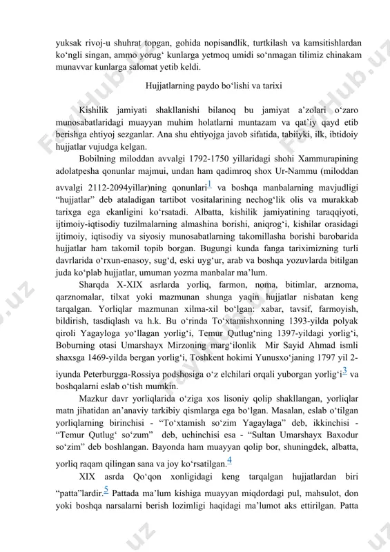 r yozib kelindi. o‘zbek tiliga daviat tili maqomi berilgan bugungi kunda o‘zbek tilida mukammal hujjatchilikning shakillanishi uchun butun imkoniyatlar ochilgan. muassasa, tashkilot, korxona va birlashmalardagi ishni ishlab chiqarish taraqqiyotiga muvofiq tashkil etishda, umuman, boshqaruv sohasidagi hujjatlarning o‘rni va ahamiyati beqiyosdir. ayni paytda hujjatlar matnini tuzish boshqaruv tizimi faoliyatida eng sermehnat va sermashaqqat jarayondir. shuning uchun ham zamonaviy rahbar har qanday zaruriy axborotni rasmiy ish tilinig tegishli shakllarida bemalol ifodalay olishi muhimdir. milliy istiqlol hayotimizning hech bir istisnosiz barcha sohalarda bo‘lgani kabi ona tilimiz rivoji uchun ham keng yo‘l ochdi, mustaqil davlatimizning asosiy qonuni – konstitutsiyamizda, "davlat tili haqida" gi qonun va boshqa rasmiy hujjatlarda ona tilimiz bo‘lmish o‘zbek tilining huquqiy maqomi va istiqboli aniq ko‘rsatib berilgan. necha asrlar mobaynida goh yuksak rivoj-u shuhrat topgan, gohida nopisandlik, turtkilash va kamsitishlardan ko‘ngli singan, ammo yorug‘ kunlarga yetmoq umidi so‘nmagan tilimiz chinakam munavvar kunlarga salomat yetib keldi. hujjatlarning paydo bo‘lishi va tarixi kishilik …