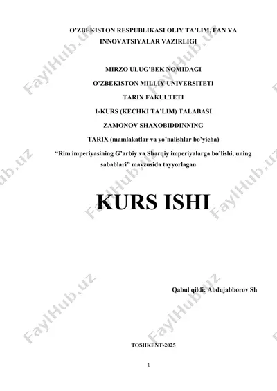 "rim imperiyasining g’arbiy va sharqiy imperiyalarga bo’lishi, uning sabablari" — DOCX