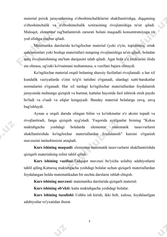 h pozitsiyasida turishadi. bolalarning intellektual rivojlanishida matematika alohida o'rin egallashi kerak, uning darajasi hisoblash, raqam, o'lchov, o'lcham, geometrik shakllar va fazoviy kabi elementar matematik tushunchalar va tushunchalarni bolalar tomonidan o'zlashtirilishining sifat xususiyatlari bilan belgilanishi kerak. munosabatlar. turli nazariy yondashuvlarga asoslangan bir qancha muqobil dasturlar ("taraqqiyot", "kamalak", "bolalik", "originlar" va boshqalar) mavjud. shunga ko’ra, bu dasturlarda matematika o’qitish mazmuni ham o’ziga xos xususiyatlarga ega. dasturlarda markaziy o'rinni "son" tushunchasini shakllantirishga qaratilgan mazmun egallaydi. bu bolaning matematika bo'yicha bilimi boshlanadigan asosiy tushunchalardan biridir. deyarli barcha dasturlarda, ham an'anaviy, ham muqobil, matematik mazmun "tabiiy son va u bilan amallar" tushunchasi asosida qurilgan bo'lib, dasturning mazmuni (bilim) va operatsion (mahorat) tomonini o'zlashtirish maqsadi hisoblanadi. elementar matematik tasvirlarni shakllantirish jarayoni. boshqacha qilib aytadigan bo'lsak, "ma'lum bir bilim zaxirasi" natural son haqidagi bilimlarni, "bir qator aniq ko'nikmalarning mavjudligi" esa ob'ektiv xarakterdagi bir qator ko'nikmalarni anglatadi - hisoblash, hisoblash va hisoblash usullari, ulardan foydalanish. belgilar, oddiy tipik …