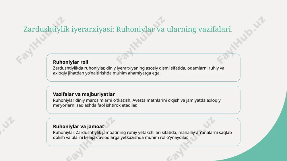 kamlab kelmoqda. zardushtiylik ta'limotlarining o'zbekistondagi ahamiyati. 01 zardushtiylik tushunchalari zardushtiylik tushunchalari o'zbekistonda qadimdan muhim rol o'ynab kelmoqda, odamlar uchun axloqiy va ruhiy yo'l-yo'riq taqdim etadi. 02 madaniy ta'sir zardushtiylik o'zbekistonda xalq an'analari va urf-odatlariga chuqur ta'sir ko'rsatib, bayram va marosimlarda o'z aksini topadi. 03 o'zbekistonda meros zardushtiylik, o'zbekistondagi tarixiy obidalar va muqaddas joylar orqali o'zining madaniy merosini saqlab qolmoqda, kelajak avlodlarga yetkazadi. o'zbekistondagi zardushtiylik merosi: muqaddas joylar va ibodatxonalar. 1 muqaddas joylar o'zbekistonda zardushtiylikning muqaddas joylari, ayniqsa, samarkand va buxorodagi qadimiy ziyoratgohlar, diniy merosni saqlab kelmoqda. 2 ibodatxonalar zardushtiylik ibodatxonalari, ya'ni "atashkada", o'zbekistonda ahamiyatli tarixga ega bo'lib, ularda diniy marosimlar o‘tkazilgan. 3 tarixiy ta'sir o'zbekistonning zardushtiylik merosi, avvalgi madaniyatlar va an'analar bilan birga, zamonaviy hayotda ham o'z izini qoldirmoqda. zardushtiylikning o'zbekistondagi zamonaviy ko'rinishi va rivoji. 1 zardushtiylikning ahamiyati zardushtiylik, o'zbekistonda tarixiy va madaniy meros sifatida muhim ahamiyatga ega. u mahalliy urf-odatlar va an'analar rivojida o'z izini qoldirgan. 2 zamonaviy amaliyotlar …