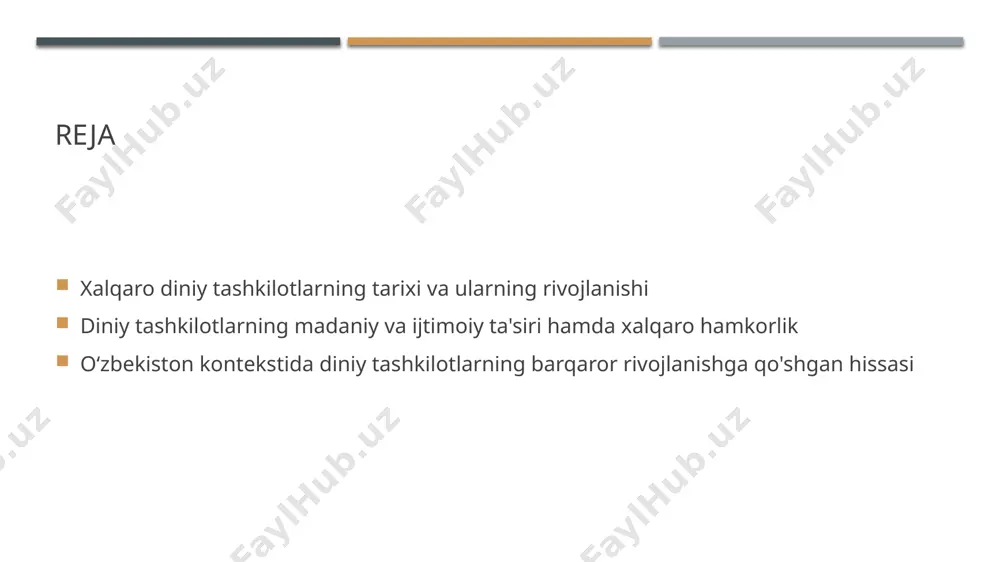 ynagan. 2 o‘zbekistonda diniy meros o‘zbekistonning boy madaniy merosi, jumladan, samarqand va buxoro shaharlaridagi diniy obidalar va madaniy markazlar xalqaro diniy tashkilotlar bilan bog‘liq. 3 diniy ta’sir va madaniy aloqalar xalqaro diniy tashkilotlar orqali o‘zbekiston diniy va madaniy merosiga dunyo miqyosida e’tibor qaratilgan, bu esa madaniyatlar o‘rtasidagi aloqalarni mustahkamladi. diniy tashkilotlarning madaniy merosi va ular orqali xalqaro madaniyatlar o‘rtasidagi aloqalar diniy meros va madaniyat diniy tashkilotlar boy madaniy merosga ega bo‘lib, arxitektura, san’at va yozuvda o‘ziga xos iz qoldirgan. bu meros xalqaro madaniyatlar bilan bog‘lanishga imkon yaratadi. xalqaro madaniyatlar bilan aloqalar diniy tashkilotlar o‘z madaniyati orqali turli xalqlar o‘rtasida muloqotni rivojlantiradi, madaniy an’analarning tarqalishi va o‘zaro tushunishni mustahkamlaydi. tarixiy aloqalar va hamkorlik diniy tashkilotlar tarix davomida xalqlararo hamkorlikda muhim rol o‘ynab, madaniyatlararo aloqalarni yo‘lga qo‘ygan. bu o‘zaro hurmat va tushunishni kuchaytiradi. diniy tashkilotlarning ijtimoiy roli: jamiyatda barqaror rivojlanishga qo‘shgan hissasi 1 ijtimoiy qo‘llab-quvvatlash diniy tashkilotlar jamiyatda ehtiyojmandlarga yordam, ta’lim va …