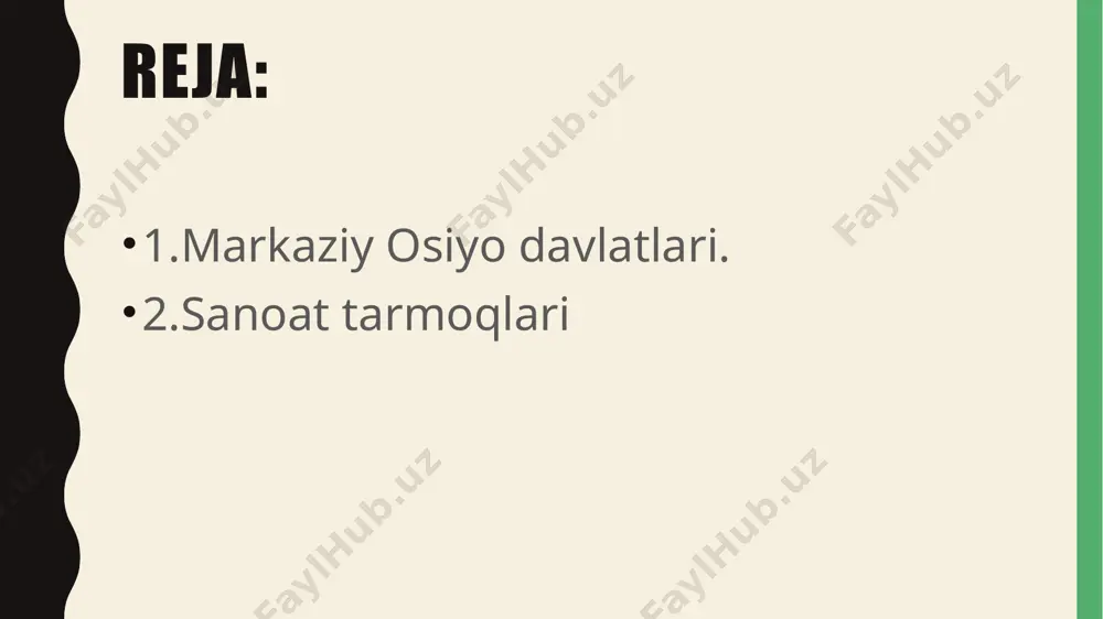 roelektrostansiyalar: uskemen va buxtarma geslaridan iborat. turkmaniston respublikasida neft va gaz zahiralari yetarli. gaz zahiralari hajmiga ko‘ra turkmaniston mdhda rossiyadan keyin ikkinchi o‘rinda turadi. shuning uchun ham mamlakatning asosiy sanoat tarmog‘i tabiiy gaz va neftni qazib olish va qayta ishlash bilan bog‘liq. bu davlatda ham asosan issiqlik elektrostansiyalari energiya ishlab chiqaradi. turkmaniston rossiya, ukraina, eron, xitoy va turkiyaga gaz va neft eksport qiladi. yaponiyaga gaz sotishni rejalashtirgan. tojikiston respublikasida mahalliy ahamiyatga ega bo‘lgan ko‘mir, neft va gaz konlari mavjud. ammo gidroenergetik potensiali yuqori. mdh davlatlari orasida u gidroenergiya quvvati bo‘yicha rossiya federatsiyasidan so‘ng 2– o‘rinda turadi. vaxsh daryosida qurilgan nurek ges–i mamlakatning asosiy energiya manbai hisoblanadi. rogun, pomir ges–larini qurish mo‘ljallangan. image1.png image2.png image3.png image4.png image5.png /docprops/thumbnail.jpeg