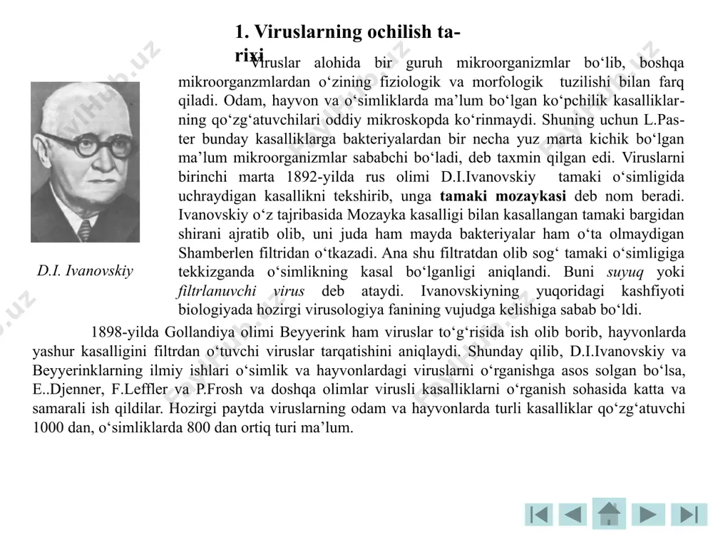 n viruslardan faqat gripp kasalini tarqatuvchi virusda rnk bor, boshqa hamma hayvon va odamlarda kasallik qo‘zg‘aydigan viruslarda dnk borligi aniqlangan. keyingi tekshirishlarda ayrim viruslarda fermet borligi ham aniqlangan. masalan, gripp viruslarida neyraminidaza fermenti borligi aniqlangan. oddiy vironlar -nuklein kislota va uni zich o‘rab turgan oqsil qobig‘i –kapsiddan iborat. vironlarning kapsidlari o‘z navbatida ketma –ket keluvchi subbirliklardan iborat bo‘lib, ularni kapsomerlar deb ataladi. kapsomerlarni elektron mikroskopda ko‘rish mumkin, har bir vironlar uchun kapsomerlarni soni ularga xos hisoblanadi. masalan, adenoviruslar 252 ta, pikornoviruslarda 60 ta, kapsomerlar tutadi. nuklein kislota va kapsomer o‘zaro birikib virusni nukleokapsidni hosil qiladi. kapsida ichida joylashgan nuklein kislota - nuklsokapsid ba’zi vakillarda (tamaki mozaikasi virusida, adenoviruslarda) oqsil qobiqqa tegib tursa, boshqalarida (gripp, gepes viruslarida) qobiqdan alohida membrana bilan ajralgan bo‘ladi. murakkab viruslarni nukleokapsidi tashqi tomondan lipoprotenli qobiq bilan o‘ralgan bo‘lib, superkapsid yoki peplos deb nomlanadi. viruslarning kattaligi quyidagi usullar bilan aniqlanadi: 1) viruslarning kattaligini elektron mikroskopda o‘lchab aniqlash; …
