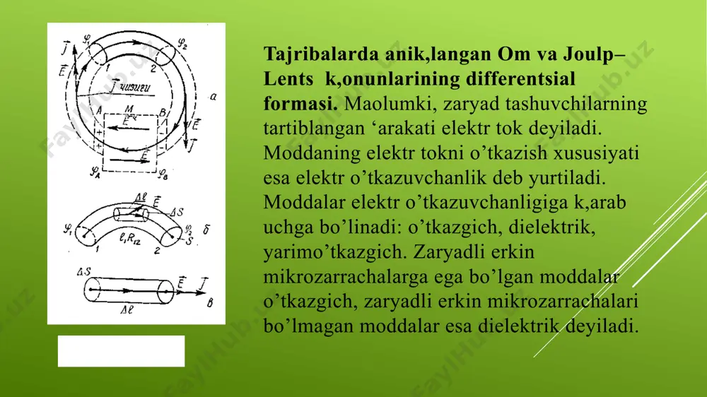 imiy tokning tajriba k,onunlarkdan biri zanjirning bir k,ismi uchun om k,onunidir (10.1-b rasm): r i 21   (10.1) i — o’tkazgichning tekshirilayotgan k,ismidan ok,ayotgan tok kuchi, k — uning k,arshiligi,  1 - 2 =u uchlaridagi potentsiallar fark,i bo’lib, kuchlanish deyiladi. o’tkazgich k,arshiligining si dagi o’lchov birligi om bo’lib, (10.1) ga ko’ra, uchlaridagi kuchlanish 1v bo’lganda o’zidan 1 a tok o’tkazadigan o’tkazgich k,arshiligi 1 om deb k,abul k,ilingan: om = v/a. maolumki, o’tkazgichlardan tok o’tganda issik,lik ajraladi. doimiy tokning tajribalardan topilgan k,onunlaridan yana biri joulp — lents k,onunidir: tok o’tayotgan o’tkazgichning biror k,ismidan vak,t birligi ichida ajralib chik,k,an issik,lik mik,dori q undan o’taetgan tok kuchining kvadratiga, shu k,ismning k,arshiligiga to’ri proportsional bo’ladi (10-6 rasm:) riq 2  (10.2) q — vak,t birligi ichida ajralgan issik,lik mik,dori (energiya) bo’lganligi sababli uning si dagi o’lchov birligi vatt (vt) bo’ladi. joulp — lents k,onunining differendial formasini topish uchun tok o’tayotgan o’tkazgichning ‘ajm …