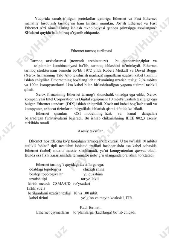 i bajaradi). aynan shu bosqichlarda tarmoq topologiyasi, uzatish tezligi, axborot almashishni boshqarish usuli va paket formati (o’lchami), tarmoq turiga to’g’ri taalluqli ko’rsakichlar aniqlanadi (ethernet, token­ring, fddi). yuqori bosqichlar to’g’ridan­to’g’ri biror aniq qurilma bilan ishlamaydi, vaholangki 3,4 va 5 bosqichlar qurilma xususiyatlarini hisobga olishlari mumkin. 6 va 7 bosqichlar umuman qurilmalarga hech qanday aloqasi yo’q. tarmoq qurilmalaridan birini boshqa birorta qurilma bilan o’zgartirganda ham ular buni hech vaqt sezmaydilar. 2­bosqich (kanal bosqichi) ikkita bosqich ostiga ajratiladi: yuqori bosqich osti (llc – logical link control, verxniy podurovenь) – bu bosqich osti mantiqiy ulashni amalga oshiradi, ya’ni virtual aloqa kanalini o’rnatadi ( uning vazifasini bir qismini tarmoq adapterlarining drayver dasturi bajaradi). quyi bosqich osti (mac – media access control, nijniy podurovenь) – bu bosqich osti aloqa uzatish muhiti (aloqa kanali) bilan to’g’ridan­to’g’ri ega bo’lishni amalga oshiradi. u tarmoq qurilmasi bilan to’g’ri bog’langan. osi modelidan tashqari, 1980­yili fevral oyida qabul qilingan (802 soni yil …