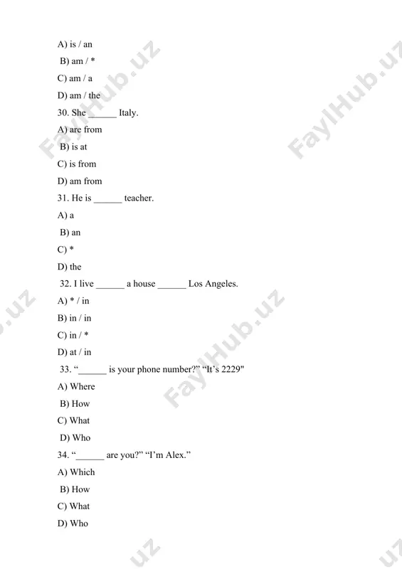 74. lovely - ______ a) old b) expensive c) horrible d) quick 75. fast - ______ a) slow b) small c) quick d) warm 76. expensive - ______ a) big b) cheap c) cold d) hot 77. hot - ______ a) cold b) new c) warm d) small 78. big - ______ a) high b) small c) tall d) slow 79. young - ______ a) old b) big c) small d) quick 80. “are you married?” “no, _____ .” a) i am not b) i’m not c) i amn’t d) i m not 81.brazil ____ in asia. ____ in south america. a) is / it isn’t b) is / it’s c) is / is d) isn’t / it’s 82. snow is _____ . a) cold b) hot c) small d) cheap 83. a: _____ greek? b: yes, i am. a) you b) are you c) am i d) i 84. …