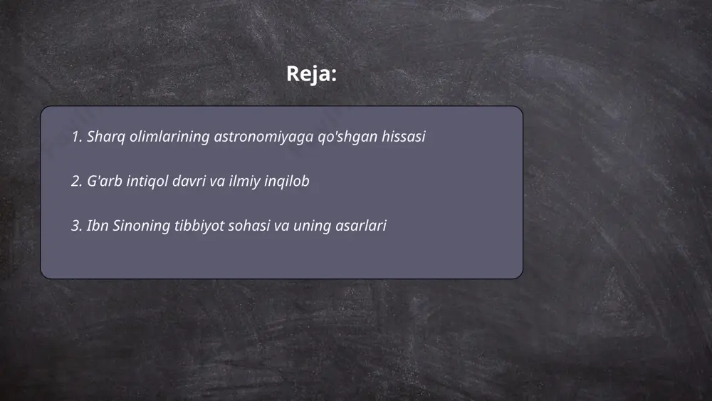 avitsenna nomi bilan mashhur bo‘lgan olim, tibbiyot sohasida yirik asarlar yozgan. uning eng taniqli asarlaridan biri "al-qonun fi at-tibb" bo‘lib, bu kitob o‘rta asr sharq va g‘arb tibbiyotining asosiy manbalaridan biri edi. ushbu asar besh kitobdan iborat va u anatomiya, fiziologiya, patalogiya, va davolash usullari haqida batafsil ma’lumot beradi. ibn sino o‘zining asarlarida 800 dan ortiq dorivor o‘simliklarning xususiyatlarini tasvirlagan. uning ilmiy yondashuvi kasalliklarni tashxislash va davolash tizimlariga asos bo‘ldi. "al-qonun fi at-tibb" 600 yildan ziyod vaqt mobaynida yevropa universitetlarida asosiy darslik sifatida foydalanilgan. ... t.me/slaydai_bot 4. galileo galilei va fizikadagi kashfiyotlari galileo galilei xvii asrda yashagan mashhur italiyalik olim. u fizikaga ko‘plab kashfiyotlarni qo‘shgan. galilei pisaning egilish qonunini aniqladi va jismning erkin tushishi nazariyasini ishlab chiqdi, bu orqali jismlar ozod tushish paytida bir xil tezlanish bilan harakat qilishini ko‘rsatdi. u o‘zining mashhur tajribalarida rampalardan to‘plar tashlab, bu qonunni isbotladi. bundan tashqari, galilei masinalarning harakatini va harakat dinamikasini o‘rgangan. o‘lchov …