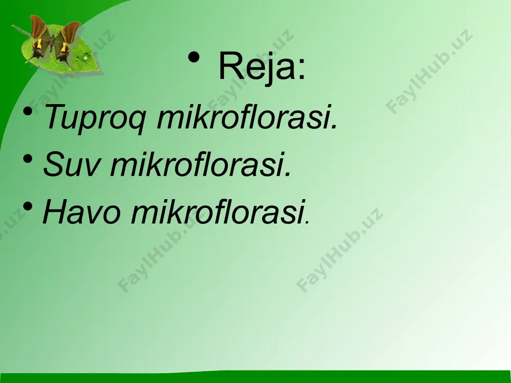 19 mlrd bakteriya borligi aniklangan. m. v. fedorovning ma’lumotlariga ko’ra 1 gektar yerning 25 sm chuqurlikdagi tuprog’idan olingan mikroblarning og’irligi 3 tonnaga yetgan, demak, 1 g tuproqda 5 mlrd bakteriya bo’lgan. tuproqda ayniqsa sporali aeroblar (vas. mycoides, vas. subtilis, vas. megatherium, vas. mesentericus va boshqalar), sporali anaeroblar (vas. eporogeaes, vas, putrificus va boshqalar), termofil bakteriyalar, pigment hosil qiluvchilar, kokklar (micrococcus albus va boshqalar) ko’p uchraydi. tuproqda nitrifikatsiyalovchi, denitrifikatsiyalovchi, azot tuplovchi, oltingugurt bakteriyasi, kletchatkani parchalovchi; mog’or zamburug’lari, achitkilar, sodda hayvonlar va mikroskopik yusinlar bo’ladi. ularning ayrimlari oziqlarga tushib, ularni buzadi. ayrim tur bakteriya, achitki, mog’or zamburug’larning sof ko’lturasi ajratilib, ulardan antibiotiklar, vitaminlar, fermentlar va boshqalar tayyorlanadi. tuproqdagi organik va mineral moddalarning almashinuvida mikroorganizmlar asosiy rol uynaydi; tuproqdagi mikroblarning ta’sirida har yili tuproqqa tushadigan barcha organik moddalar (o’simlik qoldiqlari, mol uligi) oddiy birikmalarga parchalanadi va ular o’simliklar uchun oziq moddaga aylanadi. evolyutsion taraqqiyot natijasida tuproq mikroorganizmlarning ayrim gruppalari orasida metabioz munosabat hosil …