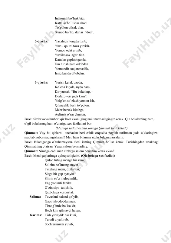 z. buvi: qani kelinglarchi, mana bu yerda somsaga xamir tayyorlab qo`yganman. hozir hammangizning chaqqonligingizni bir sinab ko`ramiz. “somsa tugish” qimmat bilan bellashuv o`tkaziladi. qimmatning ishi ham hammaga manzur bo`ladi. ikki qiz somsalarni pishirish uchun olib ketishadi. buvi: barakalla qaqajonlarim, hammangiz juda chaqqon ekansizlar. ayniqsa qimmat ancha uquvli qiz bo`lib qolibdi. siz odob haqida ancha narsalarni bilar ekansizlar. aytinglarchi odobning qanday turlarini bilasiz? 1. salomlashish odobi 1. dasturxon odobi 1. o`rtoq bo`lish odobi 1. kiyinish odobi 1. ko`chada yurish odobi 1. qo`shnichilik odobi buvi: barakalla, bobo va buvijonlarni hurmat qilish haqida nimalarni bilasiz? 7-qizcha: derlar qari bilganin, parilar bilmaydilar. qariyalar hech kimni, xafahol qilmaydilar. ular zukko, donodir. nasihatgo`y, mehribon. xuddi ular aytganday, to`g`riso`zbo`l, o`rtoqjon. 8-qizcha: chorlasalar, “labbay” deb, so`zlariga quloq sol. agar ish buyursalar, “xo`p bo`ladi”, de darhol. ularning har bir so`zi, duru gavhar, tillodir. yo`q, tillomas, aslida, tillodan ham a’lodir. 9-qizcha: bobo-buvijonlarning, duosini olaylik. choy ichsalar, choyiga, shakar, novvot solaylik. …