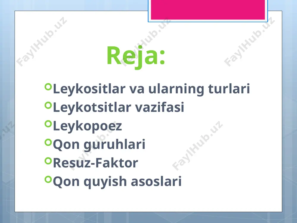 yordamida parchalaydi. gelmentlatga qarshi sitotoksik ta`sir ko`rsatadi. kallikrein- kinin tizimini aktivlovchi oqsil saqlaydi allergik va yuqumli kasalliklarda keskin ko`payadi. monotsitlar halok bo`lgan leykotsitlar va jarohatlangan to`qimalarni fagosit qilib tozlaydi. sitokininlar , interleykinlar , o`smalarni nekroz qiluvchi omil , interferonlarni sintezlaydi. gemopoez boshqaruvda ishtirok etadi. tromboksin va tromboplastlar- qon ivishini va plazminogen-fibrinolizni kuchaytiradigan omillar ishlab chiqaradi limfotsitlar t- limfotsitlar ayrisimon bezda shakllanadi: t- killerlar – qotillar t- xelperlar – yordamchilar t-t- xelperlar- hujayra immunitetini kuchaytiradi t-v- xelperlar- gumoral immunitetni kuchaytiradi t-supressorlar- immun javobni susaytiruvchi t-t- supressorlar- hujayra immuniteti t-v- supressorlar-gumoral immunitet susaytiruvchi t-shakllantiruvchi ( td)- limfotsitlar- qon ishlab chiqaruvchi a`zolar o`zak hujayra faoliyatiga ta`sir qiladi. t-kontrsupressorlar- t-supressorlar faoliyatini susaytiradi. t-xotira hujayralari- avval ta`sir qilgan antigenlar haqida xotirasida saqlab tezroq immun javob tezlashtiradi. v- limfotsitlar- ( bursa- so`zidan olingan)- limfoid epitelial tizimda shakllanadi: v- killer, -xelper, - supressorlar mavjud. o-limfotsitlar- *teshib yuboruvchi* perforin oqsil ishlab chiqaradi. e`tiboringiz uchun rahmat image2.png image3.png image4.png …