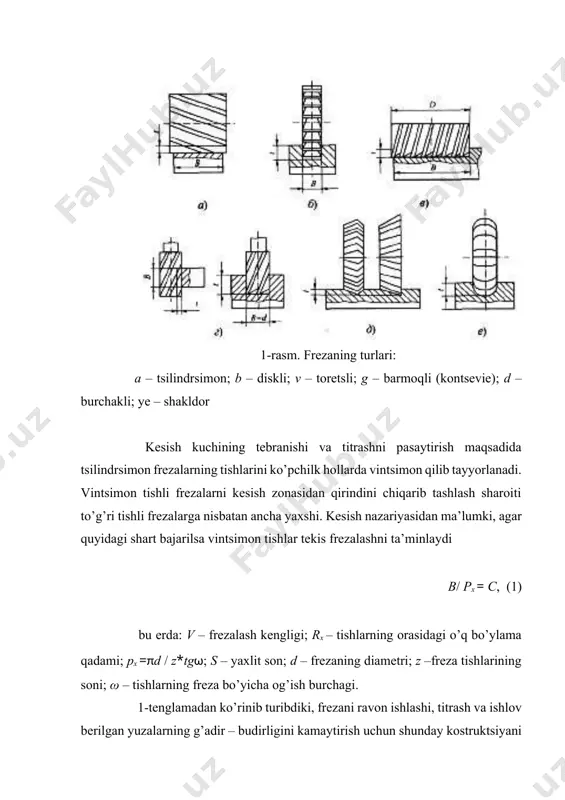 bo’ladi. o’q bo’ylama kuchlarning katta bo’lganligi uchun, ularni bartaraf etish choralari ko’rilishi kerak, masalan, frezaning tishlari turli yo’nalishda bo’lishi kerak (2-rasm). bunda chap va o’ng frezalarni o’q bo’yicha yuklanishi muvozanatlanadi. yirik tishli tsilindrsimon frezalar qo’yimni katta qatlamini kesishga mo’ljallangan bo’lib, asosan katta maydonga ega bo’lgan yuzalarga ishlov berishda samaralidir. 2-rasm. tishlarining yo’nalishi turlicha bo’lgan yig’ma freza tezkesar po’latlarni iqtisod qilish maqsadida katta diametrli frezalarning kesuvchi tishlari o’rnatiluvchi yig’ma qilib tayyorlanadi, freza korpusi konstruktsion po’latdan tayyorlanadi. har qanday frezalarning konstruktsiyasini tanlashda, uning tashqi diametrini to’g’ri tanlash muhim ahamiyatga ega. diametrni oshirish bilan tishlar soni ham ortadi, shu bilan birga quvvat sarfi ham ortadi. shuning uchun freza diametrining optimal qiymatini tanlash kerak bo’ladi. uzunligi 100...160 mm.gacha va diametri 40...100 mm.gacha bo’lgan tsilindrsimon frezalarni yaxlit holda, 100...125 mm diametrli va uzunligi 45...100 mm.li frezalarning tishlarini o’rnatiluvchi yig’ma holda tayyorlanadi. diskli frezalar eng kichik bo’lgan yuzalarni frezalashga mo’ljallangan va ular og’ir sharoitda ishlaydi. diskli …