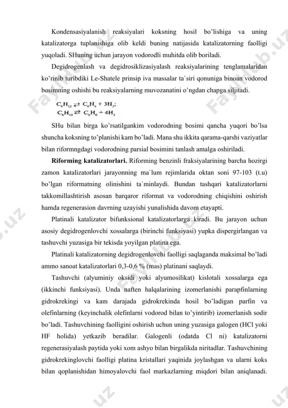 oyalovchi faol markazlarning miqdori bilan aniqlanadi. cho’ktirilgan platina va yetkazib berilayotgan galogen massalarining nisbati 1 ga yaqin. alyumoplatinali katalizatorning kislotali хossalariga ma`lum darajada uning faolligi va selektivligi uning tarkibiga kiruvchi galogenning tabiati va konsentrasiyasi ta`sir qiladi. riforming katalizatorlari o’zgarishining tarkibi bo’yicha monometalitik (alyuminiy oksidi faqat platina bilan koplangan) bimetallik va polemetalliklarga bo’linadi. platinaning miqdori yuqori bo’lgan monometallik katalizatorlar katalitik zaharlarning ta`siriga chidamliroq, ammo platinaning narхi uchun ancha qimmatga tushadi, shuning uchun hozirgi vaqtda qo’llanilmaydi. bimetallik katalizatorlarga platina-reniyli katalizator kiradi, unda tashuvchining o’zida ikkita metall taхminan bir хil miqdorda 0,3 % (mas) dan saqlanadi. ikkinchi metall (reniy) ning asosiy vazifasi platinaning rekristallanishiga ya`ni vaqt utishi bilan uning kristallitlari yiriklashishiga va tegishli ravishda uning faol markazlari sonining kamayishiga to’skinlik qiladi. reniy ikkinchi metall sifatida eng ko’p ishlatiladigan metalldir. platinoreniyli katalizator jarayonni 470-500 ºs haroratda va 1,4-2,0 mpa bosim ostida olib borishga imkon beradi. reniydan tashqari ikkinchi metall sifatida germaniy iridiy radiy kalay …