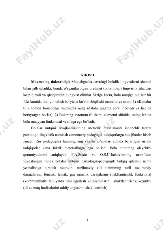 an'analari ruhida bajarilgan ushbu tadqiqotlar katta faktik materiallarga ega bo‘ladi, bola nutqining ob'yektiv qonuniyatlarini aniqlaydi. f.a.soxin va o.s.ushakovlarning tasnifidan foydalangan holda bolalar nutqini psixologik-pedagogik tadqiq qilishni uchta yo‘nalishga ajratish mumkin: tuzilmaviy (til tizimining turli tuzilmaviy darajalarini: fonetik, leksik, gra mmatik darajalarini shakllantirish), funksional (kommunikativ faoliyatda tilni egallash ko‘nikmalarini shakllantirish); kognitiv (til va nutq hodisalarini oddiy anglashni shakllantirish). «bola nutqini rivojlantirish» hodisasining o‘zini va uni boshqarish jarayonini tahlil qilish maktabgacha yoshdagi bolalar nutqini rivojlantirish sohasida ishlash uchun pedagoglar maxsus tayyorgarlikdan o‘tishlari zarur, degan xulosani keltirib chiqaradi. nutqqa oid zamonaviy tadqiqotlar tizimli yondashuvga ega, bu «u yaxlit bir tizim sifatida mavjud bo‘lgan ko‘plab tashqi va ichki munosabatlar» (b.f.lomov) hodisasini o‘rganishda namoyon bo‘ladi. nutq-til tizimi ko‘plab aloqalarga kirishadi, jumladan, ma'noni so‘zga aylantiradigan hamda inson ongi va his-hayajonlari bilan uzviy bog‘liq bo‘lgan semantik axborot apparati, psixofizik hodisa (ya'ni, miya vazifasi, jismoniy tovushlar chiqaruvchi hamda ularni qabul qiluvchi va tabaqalashtiruvchi qurilma), muloqot va ijtimoiy aloqa …
