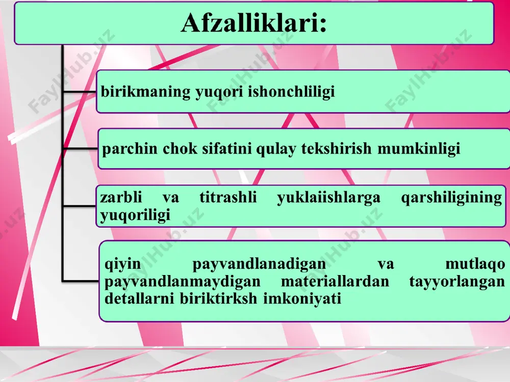 dislik amaliyotida bunday birikmalar pressli birikmalar deb nomlanadi. tabiiyki, bunday hollarda birikma hosil qilish uchun valni mo’ljallangan joyga o’rnatish oson bo’lmaydi. buning uchun quyidagi usullarning biridan: presslab o’rnatish, teshikli detalni qizdirish yoki valni sovitish usulidan foydalaniladi. afzalligi: soddaligi va texnologikligi, yani bu birikmaning tannarxi pastligini ta’minlaydi va keng qo’llanilish imkonini beradi; detallarning yaxshi markazlashishi va yuklamaning butun o’tqazish sirti bo’yicha taqsimlanishi presslangan birikmalarni zamonaviy yuqori tezlikli mashinalarda qo’llash imkonini beradi. kamchiligi: ishqalanish koeffisiyenti qiymati va tig’izlikning keng yoyilishi; ishchi haroratning birikma mustahkamligiga ta’siri; detallarda yuqori kuchlanishlar jamlaninshi mavjudligi va bosim konsentrasiyasi natijasida teshik chetlarida toliqishga qarshiliknning kamayishidir. presslash orqali val bilan tishli g’ildiraklar, maxoviklar, dumalash podshipniklari, elektrodvigateller rotori, turbinalar diski va x.k. biriktiriladi. bundan tashqari tirsakli vallarni va chervyakli g’ildiragini ham presslab tayyorlanadi. presslangan birikmalarni hisoblash presslangan birikmani hisoblashda loyihachining asosiy vazifasi, berilgan kuch va momentlarga asoslanib, tig’izlikning talab etilgan qiymatini aniqlash hamda gost dan unga mos keladigan qiymatni tanlashdan …