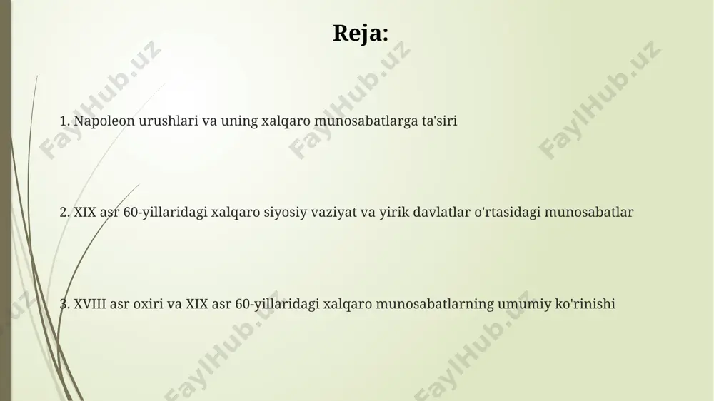 umladan milliy davlatlarning paydo bo'lishiga olib keldi. 1815-yilgi vyena kongressi, napoleon urushlaridan keyin yevropadagi qudrat muvozanatini tiklashga harakat qilib, fransiya inqilobining ta'sirini cheklashga urinish sifatida ko'rildi. fransiya inqilobidan so'ng, 1790-yillarning boshlarida yevropaning ko'pgina davlatlari fransiyaga qarshi birinchi koalitsiyani tuzib, inqilobiy fransiyaning kengayishiga qarshi kurashdilar. buyuk britaniyaning jahon siyosatidagi roli buyuk britaniya 18-asr oxiri va 19-asr 60-yillarida global savdo yo'llarini nazorat qilish orqali, taxminan 1/3 jahon savdosini boshqargan holda, jahon iqtisodiyotida ustunlikka ega edi. britaniya imperiyasi 1860-yillarda hindiston, kanada kabi ko'plab mustamlakalarni nazorat qilib, keng miqyosdagi geosiyosiy ta'sirga ega bo'lgan. 1860-yillarda buyuk britaniyaning kuchli dengiz floti va diplomatik mahorati xalqaro munosabatlarni shakllantirishda muhim rol o'ynab, ko'plab davlatlar bilan ikki tomonlama shartnomalar tuzdi. xviii asr oxiri va xix asr 60-yillaridagi xalqaro munosabatlarning umumiy tavsifi xviii asr oxiri va xix asr 60-yillarida yevropa davlatlari o'rtasida kuchli raqobat kuchayib, 2 ta yirik imperiya – buyuk britaniya va fransiyaning global ta'siri sezilarli darajada oshdi, bu …