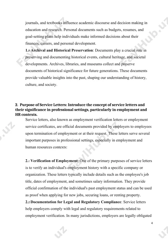 providing written confirmation of the terms and conditions of employment, including dates of service and job responsibilities, service letters help prevent disputes or misunderstandings between employers and employees regarding past employment arrangements. 3. scope of the coursework: provide an overview of the different types of documents and service letters that will be discussed in the coursework. 3.1 employment service letters: this will include an in-depth discussion of employment verification letters, also known as service letters, which provide official documentation of an individual's employment history, including job title, dates of employment, and sometimes salary information. 3.2 legal documents: the coursework will explore different types of legal documents commonly used in professional settings, such as contracts, agreements, deeds, wills, powers of attorney, and articles of incorporation. it will cover their purpose, key components, and legal implications. personal documents: students will learn about various personal documents that are important for individuals in professional …