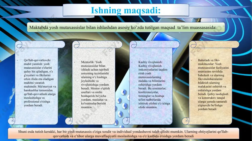 lishlar yoki ularning sa'y-harakatlari va muvaffaqiyatlari uchun tan olinishining boshqa shakllari shaklida bo'lishi mumkin. maktabda yosh mutaxassislar bilan ishlash jarayonida quyidagi vazifalarni bajarish maqsadga muvofiq hisoblanadi: maktabda yosh mutaxassislar bilan ishlash ma'muriyat va hamkasblarning o'z kasbiga muvaffaqiyatli moslashishi va rivojlanishiga yordam berish uchun e’tibor va yordamni talab qiladi. horij tajribalari: aqshda “teach for america” deb nomlangan dastur mavjud boʻlib, u turli sohalardagi yosh mutaxassislarni past koʻrsatkichli maktablarda ishlashga jalb qiladi. ular intensiv tayyorgarlikdan o‘tadilar va ularga ma’lum muddat maktablarda o‘qituvchi sifatida ishlash imkoniyati beriladi. angliyada yosh mutaxassislar “birinchi navbatda “teach” dasturiga qatnashishi mumkin, bu esa ularga past natijalarga erishgan maktablarda dars berish imkoniyatini beradi. ular malakali o‘qituvchi bo‘lishlari uchun qo‘llab-quvvatlanadi va ta’lim oladi. finlyandiya o'zining yuqori sifatli ta'lim tizimi bilan mashhur. maktablarda ishlamoqchi bo‘lgan yosh mutaxassislar yuqori darajadagi ta’limdan o‘tishi va o‘qituvchilik malakasiga ega bo‘lishi kerak. finlyandiya, shuningdek, o'qituvchilarning kasbiy rivojlanishi va tadqiqotda ishtirokini ta'kidlaydi. yaponiyada maktablarda ishlamoqchi bo‘lgan yosh …
