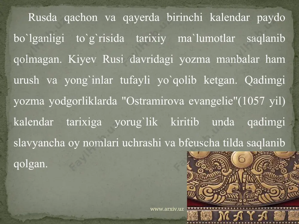 qilmaslik faqat xudoga bu kunni bag`ishlash aytiladi.eramizning ii asrida rim imperatori andrian shanba kunini bayram sifatida nishonlashni ta`qiqlaydi. 324-yilda esa imperator konstantin davlat bayrami sifatida qonunlashtiradi. bu vaqtgacha ham xristianlar o`z bayramlarini shanbadan yakshanbaga iso payg`ambarning qayta tirilganligi sifatida nishonlar edilar. www.arxiv.uz www.arxiv.uz 1864 yilda i.medler ( derpit shahri, hozirgi estoniyaning tartu shahari) taklif etgan hamda 1899-yiida rossiya astonomik jamiyatining maxsus komissiyasi tavsiya qilgan loyiha yanada aniqroq va soddaroqdir. bu loyihaga muvofiq har 128 yilda bitta kabisani tashlab ketish talab qilingan.bunda 86,4 ming yil rfayomidagina lsutka tafovut hosil bo`lgan, 1923-yilda yugaslaviya astronomi milankovech "yangi yuliy" loyihasini taklif etdi. www.arxiv.uz www.arxiv.uz www.arxiv.uz www.arxiv.uz bu kalendar grigoriy kalendarlarida qaraganda aniqroqdir.unda astronomik vaqtga nisbatan 1 sutkalik tafovut 43,2 ming yil davomida to`planadi.ammo unda kabisa yillar tizimi murakkabroqdir. har 900 yilda 7 ta kabisa yili chiqarib tashlanadi. 1920-30 yillardayoq jenevadagi millatlar ligasi huzurida kalendar islohotini tayyorlash qumitalari tuzilgan. 2-jahon urushi tufayli bu ish to`xtab …