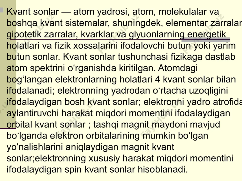 fold fanga kiritgan мagnit kvant sonlar magnit kvant son–atom orbitalining tashqi magnit yoki elektr maydonlarga nisbatan holatini belgilaydi. l = 1 l = 2 magnit kvant son orbital kvant songa bog’liq holda o’zgaradi;uning qiymati +l dan –l gacha bo’lib,0 ga ham teng bo’ladi. shunga ko’ra, magnit maydonda asosiy kvant soni n bo’lgan daraja 2l + 1 pastki darajalarga bo’linadi – zeeman effekti spin kvant son (spin) spin kvant son-elektronning xususiy mexanik harakat miqdori momentini tavsiflaydi. 1926-yil d.ulenbeк,s.gaudsmit fanga kiritgan ms- harfi bilan belgilanadi. uning son qiymatlari +1/2 va -1/2 bo’lishi mumkin. elektronning spin momenti quyidagi tenglama bilan ifodalanadi: ms=√ s(s+1)h/2п bu yerda: s=1/2 spinning z o’qiga bo’lgan proyeksiyasi: sz=ms(h/2п) bu yerda:ms—zarrachaning spin kvant soni. uning qiymati ±1/2*h/2п musbat yoki manfiy spin son qiymati spinning harakat yo’nalishiga bog’lik. spin tufayli ayni qobiqchaga joylashishi mumkin bo’lgan elektronlarning maksimal soni orbitallarning sonidan 2 marta ko’p bo’ladi. kvant sonlarda bitta prinsip va ikkita qoida …