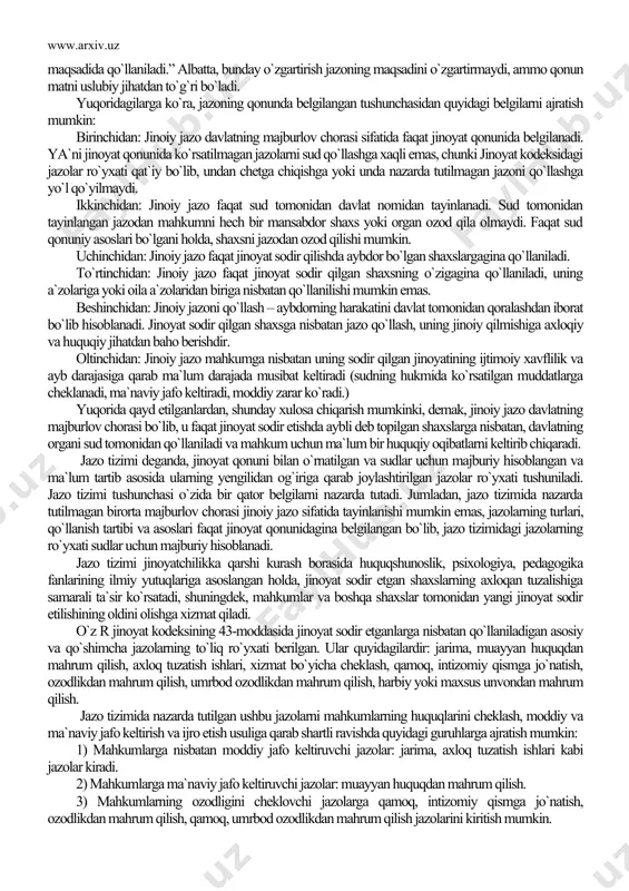 ifodalani4shi to`g`risidagi va boshqalar fikrlar mavjud. jazo to`g`risida ko`rsatib o`tilgan har bir ta`riflar, o`z navbatida, uning jinoiy jazo sifatida muayyan qirralarini ifoda etadi. bu borada, jazoning mohiyati e.x.norbo`tayev tomonidan to`g`ri ochib berilgan bo`lib, uning fikriga ko`ra, «jazolash–bu jazoning mohiyat mazmunidir. jazo – bu shaxsning jinoyat sodir qilganligi uchun sud tomonidan, davlat nomidan qo`llaniladigan, mahkumni qonunda ko`zda tutilgan huquq, erkinlik va manfaatlardan mahrum qilishdir».5 jinoiy jazoning maqsadi, jinoyat qonunida muhim masalalardan biri bo`lib hisoblanadi. bu borada huquqshunos olimlarning yagona fikri mavjud emas. ammo, ta`kidlash kerakki, amaldagi jinoyat qonunida birinchi marta jazodan ko`zlangan maqsad tushunchasi ishlab chiqildi, unga ko`ra jinoiy jazo mahkumni axloqan tuzatish, uning jinoiy faoliyatini davom ettirishga to`sqinlik qilish hamda mahkum, shuningdek, boshqa shaxslar yangi jinoyat sodir etishining oldini olish maqsadida qo`llaniladi. «jazo insonga azob berish, qiynash, o`ch va qasos olish maqsadlarida emas, aybdorning shaxsi va u tomonidan sodir etilgan jinoiy qilmishning xavflilik darajalariga qarab, uni jazolashdir» .1 o`zbekiston respublikasi …