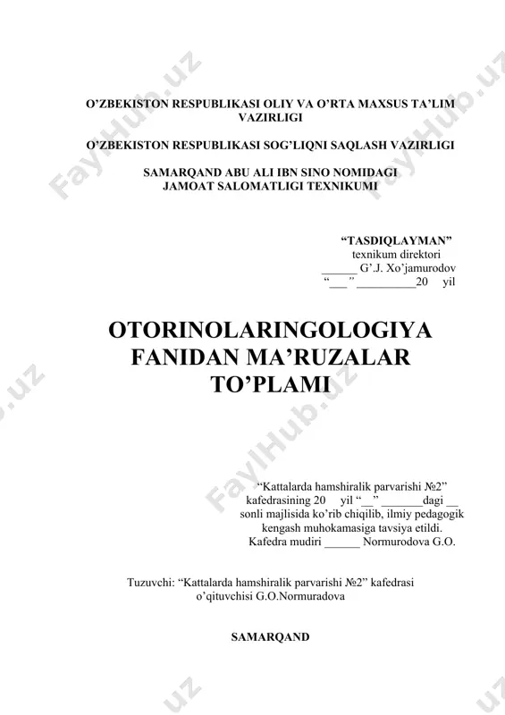 riz bugungi kunda yosh avlodni tarbiyalashda, tibbiyot texnikumlarida zamon talablariga javob berayotgan raqobatbardosh hamshiralarni tayyorlash uchun , sog’liqni saqlash tizimida yuz beradigan isloxatlar , davlatimizning “ ta’lim to’g’risidagi” qonun hamda “ kadrlar tayyorlash milliy dasturi” yoshlarga bilim va tarbiya berish, kasbga to’g’ri yo’naltirishga yangicha zamonga mos ravishda yondashish lozimligini ta’kidlaydi. “kattalarda hamshiralik ishi № 2” kafedra o’qituvchisi normurodova g.o tomonidan lor kasalliklarida hamshiralik parvarishi” fanidan nazariy mashg’ulotlar uchun yozilgan ma’ruza matni lor kasalliklari bilan og’rigan bemorlarni pqravarishlash , qabul qilish, tekshirish usullari , kasalliklarning sababi, klinikasi va davolash usullari to’liq bayon qilingan . o’qubchilarni kasbiy maxoratini oshirish, shoshilinch hollarda tibbiy yordam berish va mantiqiy fikrlashni rivojlantirib boorish asosiy maqsadlardan biri hisoblanadi. ma’ruza matni tibbiyot hamshiralari uchun eng kerakli o’quv qo’llanma sifatida foydalanilsa maqasadga muvoffiq bo’ladi va texnikum o’quvchilari uchun nazariy mashg’ulotlarni o’qib, o’rganib va tushunib borishi uchun kerakli deb hisoblayman va tafsiya qilaman. taqriz bugungi kunda yosh avlodni tarbiyalashda, tibbiyot …