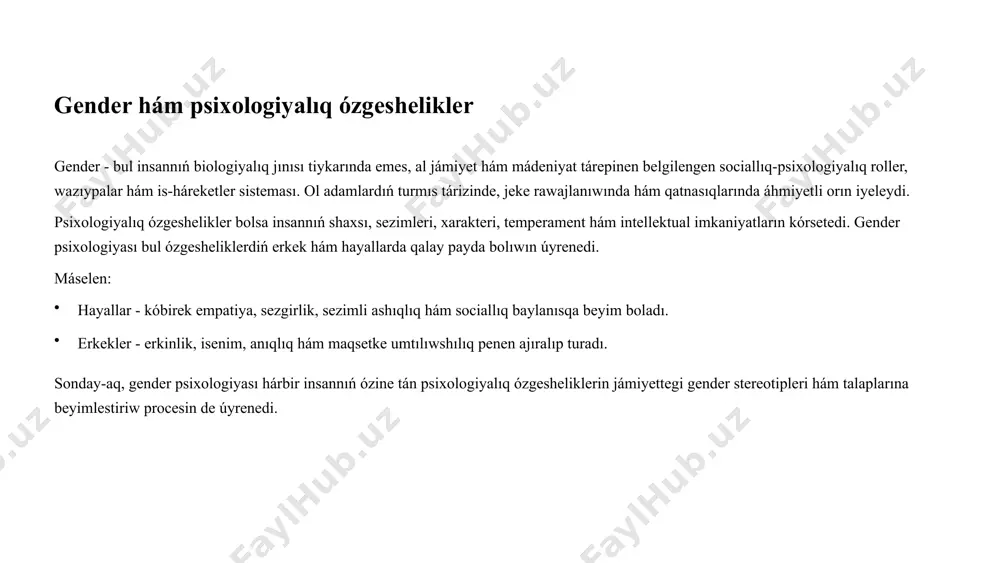 iyinleydi. 6 gender stereotipleri hám olardıń tásiri. stereotiplerdiń qáliplesiwi. jámiyet, mádeniyat hám tárbiya arqalı jınısqa baylanıslı aldınǵı pikirler payda boladı. bul stereotipler kóbinese dástúriy qádiriyatlar, sociallıq roller hám shańaraq teoriyaları tiykarında qáliplesedi, bul bolsa adamlardıń jınısqa qarap qanday da bir is-háreketlerdi orınlaw yamasa orınlamaw kerek degen naduris túsiniklerdi payda etedi. bul stereotipler balalarǵa jaslıǵınan baslap sińdiriledi hám olar jeke identifikaciya hám ózin-ózi ańlaw procesinde tásir kórsetedi. stereotiplerdiń tásiri shaxs hám topar qararları, imkaniyatları, ózin ańlawına sheklewler boliwi múmkin. gender stereotipleri adamlardıń óz qábiletleri hám qızıǵıwshılıqlarına tosqınlıq etedi, sol sebepli olar óziniń haqıyqıy imkaniyatların tolıq ámelge asıra almaydı. sonıń menen birge, topardaǵı sociallıq múnásibetlerde de stereotipler nadurıs bahalawǵa, kemsitiwge yamasa sheklewlerge alıp keledi, bul bolsa sociallıq teńsizlik hám diskriminaciyanı kúsheytedi. nátiyjede, bunday stereotipler jámiyette gender tiykarındaǵı teńlikke umtılıwdı qıyınlastıradı. olardan qashıw tárbiya hám psixologiyalıq kompensaciya arqalı stereotiplerden azat boliw. jeke ańlaw hám sın kózqarastan pikirlewdi rawajlandırıw, sonday-aq, sociallıq ortalıqta gender stereotiplerine …