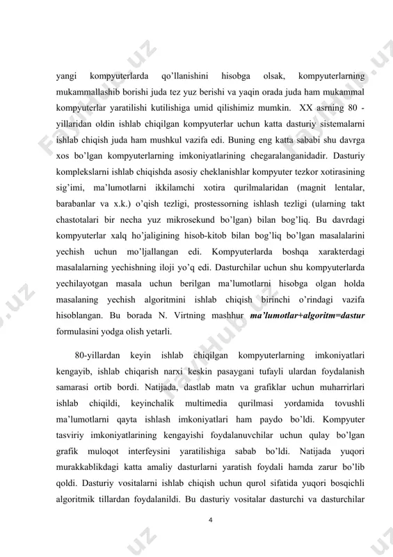 li dasturlashning zamonaviy davri boshlanishini belgilab berdi. 1960-yillarda dasturlash texnologiyalaridagi strukturaviy dasturlashlarning paydo boʻlishiga olib kelgan inqilobiy oʻzgarishlar c# tilini yaratish uchun asosiy imkoniyatlarni belgilab berdi. strukturaviy dasturlashlarning paydo boʻlishiga qadar katta dasturlarni yozish qiyin boʻlgan, satr kodlari miqdorining oshishi sababli dasturlarning oʻtish joylari chalkash massalariga aylanib ketishiga olib keladi. strukturaviy tillar dastur tuzuvchi instrumentariysiga shartli operatorlarni, lokal oʻzgaradigan tartiblarni va boshqa mukammallashtirishlarni qoʻshib bu muammoni hal qildi. shunday tarzda nisbatan katta dasturlarni yozish imkoniyati vujudga keldi. aynan c# tili kuch, elegantlik va maʼnodorlikni oʻzida muvaffaqiyatli birlashtirgan birinchi strukturaviy til boʻldi. uning boʻlishi mumkin boʻlgan xatolar masʼuliyatini tilga emas dastur tuzuvchi zimmasiga yuklaydigan prinsiplar bilan inobatga olgan holda sintaksisdan foydalanishdagi qisqalik va osonlik kabi xususiyatlari tezda koʻplab tarafdorlarini topdi. bugungi kunda biz mazkur sifatlarni oʻz oʻzidan anglashiladigan deb hisoblaymiz, lekin s da birinchi marotaba dastur tuzuvchiga zarur boʻlgan ajoyib yangi imkoniyatlar mujassamlashtirilgan. natijada 1980 yillardan boshlab s strukturaviy dasturlash tillari …