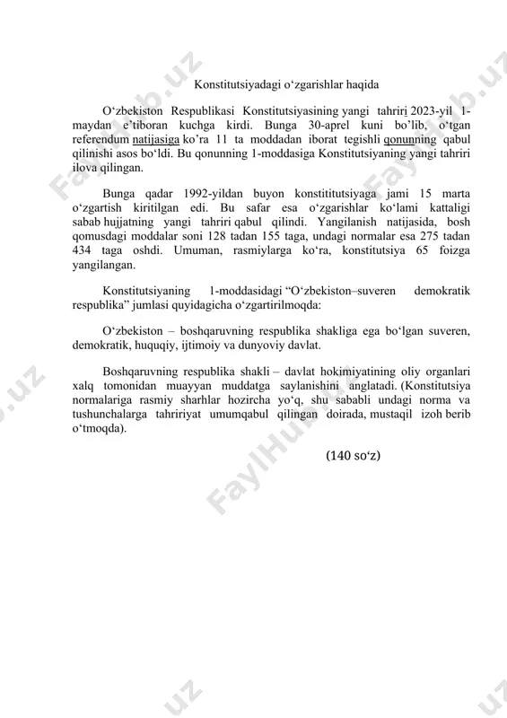 itutsiyaning yangi tahriri konstitutsiyaning yangi tahririga binoan 2023-yil 1-mayda bir qancha o‘zgartirish kiritildi. inson bilan davlat organlarining o‘zaro munosabatlarida yuzaga keladigan qonunchilikdagi barcha ziddiyatlar va noaniqliklar inson foydasiga talqin etiladi. ijtimoiy munosabatlar cheksiz shakllarga ega, ularni normativ-huquqiy hujjatlarda to‘liq kodifikatsiya qilib chiqish amalda imkonsiz. endilikda, qonunchilikda aniq belgilab qo‘yilmagan masalalarda ziddiyat yuzaga kelsa, masala davlat emas, inson foydasiga hal etiladi. konstitutsiyaga o‘qituvchilar haqida modda qo‘shildi. u ikki banddan iborat: o‘zbekiston respublikasida o‘qituvchining mehnati jamiyat va davlatni rivojlantirish, sog‘lom, barkamol avlodni shakllantirish hamda tarbiyalash, xalqning ma’naviy va madaniy salohiyatini saqlash hamda boyitishning asosi sifatida e’tirof etiladi. davlat o‘qituvchilarning sha’ni va qadr-qimmatini himoya qilish, ularning ijtimoiy va moddiy farovonligi, kasbiy jihatdan o‘sishi to‘g‘risida g‘amxo‘rlik qiladi. (100 so‘z)