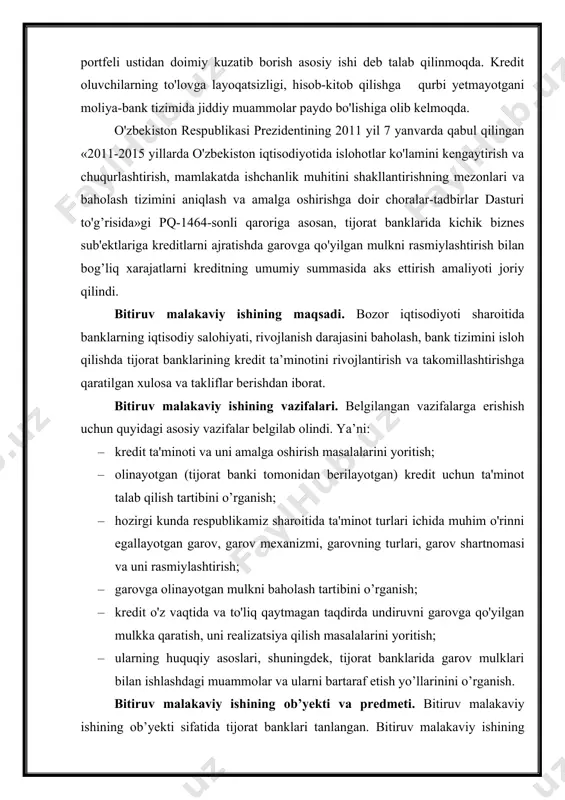 ta’minlanishini takomillashtirish masalalari ko’rsatib berilgan. bitiruv malakaviy ishining xulosa qismida bitiruv malakaviy ishini amalga oshirish jarayonida yuzaga kelgan xulosa va ishlab chiqilgan amaliy takliflar o’zining qisqacha ifodasini topdi. i bob. kreditning ta’minoti va uning nazariy, huquqiy asoslari 1.1. kredit ta’minoti va uning iqtisodiy mohiyati. kredit munosabatlari iqtisodiyotda mavjud aniq uslubiy asoslarga tayanadi. uning asosiy elementlari bo’lgan ssuda kapitali bozori operatsiyalari ma’lum tamoyillar asosida olib boriladi. bu tamoyillar kredit munosabatlari rivojlanishining birinchi bosqichida ko’zga tashlangan edi, keyinchalik esa ular umumdavlat va xalqaro kredit qonunchiligida yaqqol o’z aksini topdi. iqtisodiy kategoriya sifatida kredit bir necha tamoyillarga ega. bular kreditning qaytib berishliligi, kreditning muddatliligi, kreditning ta’minlanganligi, maqsadliligi va to’lovlilik tamoyillaridir. biz ko’rib o’tmoqchi bo'lgan tamoyili kreditning ta’minlanganligidir. bu tamoyil yordamida kreditning iqtisodiyotni rivojlanishida qiymat va moddiy ishlab chiqarish o’rtasidagi bog’liqlik ta’minlanadi. bu tamoyilning asosiy mohiyati shundaki, bunda xo’jalik aylanishida ishtirok etuvchi bank mablag’larining har bir so’miga muayyan miqdorda moddiy boyliklar qarama-qarshi turishi kerak. …