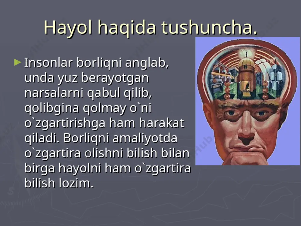 may turib, ishga kirishib bo’lmaydi. fantaziya yordamida kutilayotgan natijani tasavvur qilish - inson mehnatining hayvonlar instinktiv harakatlaridan tubdan farqidir. xayol inson ijodiy faoliyatining zarur elementi bo’lib, mehnatning oxirgi va oraliq mahsulotlarida o’z ifodasini topadi. xayol mehnat natijalarini narsalarda gavdalantirishga undaydi va shuning bilan birga muammoli vaziyat aniq bo’lmagan hollarda ish-harakat programmasini tuzishni ta’minlaydi. foydalanilgan adabiyotlar zokirxodjaev sh.ya., solixov m.u. “shifokor va bemor” toshkent - 2016 yil. siluyanovoy i. v. bioetika v rossii: sennosti i zakono`., m. 2001. r karimov sh.i. soglom ovkatlanish –salomatlik mezoni 2015 yil fauler m.. etika i sestrinskoe delo. m., 1994. merta dj.. spravochnik vracha obhey praktiki. m.,1998. magazanik n.a.. iskusstvo obheniya s bolno`mi. m., 1991. 22675642