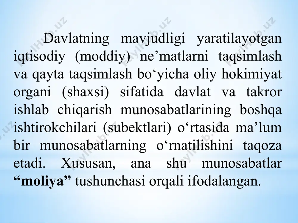 ustidan nazoratning amalga oshirilishini anglatadi. 2. moliyaning funksiyalari moliyaning taqsimlash funksiyasi mdni taqsimlashda, “asosiy yoki birlamchi daromadlar” deb nom olganlarni yaratish (tashkil etish) sodir bo‘lganda namoyon bo‘ladi. ularning yig‘indisi mdga tengdir. asosiy daromadlar milliy daromadni moddiy ishlab chiqarish ishtirokchilari o‘rtasida taqsimlash jarayonida shakllanadi. ular ikki guruhga bo‘linadi: ♦ moddiy ishlab chiqarish sohasida band bo‘lgan ishchi va xizmatchilarning ish haqi, fermer va xokazolarning daromadlari; ♦ moddiy ishlab chiqarish sohasidagi korxonalarning daromadlari. moliyaning taqsimlash funksiyasi yordamida davlat faqatgina milliy daromadni qayta taqsimlashga emas, balki ishlab chiqarishga, kapitalning jamg‘arilishiga, iste’mol sohasiga ham o‘z ta’sirini ko‘rsatadi. shu ma’noda, moliya iqtisodiyotning davlat va xususiy sektorlarini, ishlab chiqarish va ijtimoiy infrastrukturani, ilmiy-texnika taraqqiyotini va xokazolarni rivojlantirishda hal qiluvchi rolni o‘ynaydi. umuman, moliyaning taqsimlash funksiyasi: xo‘jalik subektlari, aholi, davlat va mahalliy o‘z-o‘zini boshqarish organlari darajasida maqsadli pul mablag‘lari fondlarini shakllantirishga; xo‘jalik ichida, tarmoq ichida, tarmoqlararo, hududlararo, shuningdek ishlab chiqarish va noishlab chiqarish sohalari, aholi ijtimoiy guruhlari o‘rtasida …