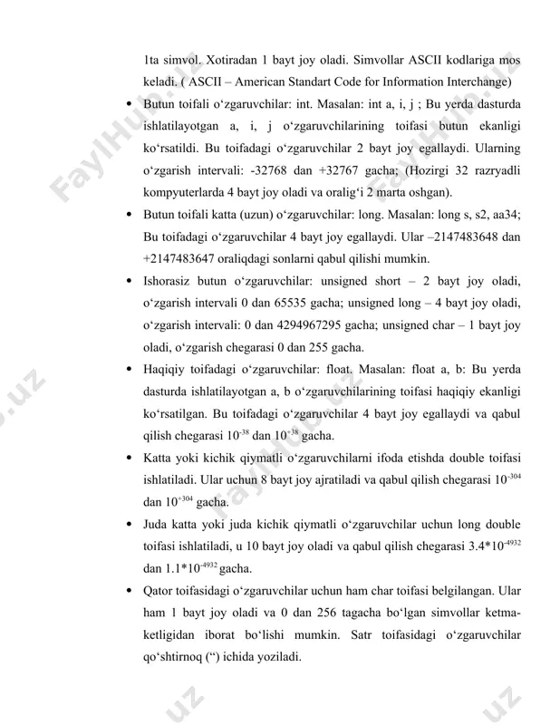 chilarni ifoda etishda double toifasi ishlatiladi. ular uchun 8 bayt joy ajratiladi va qabul qilish chegarasi 10-304 dan 10+304 gacha. · juda katta yoki juda kichik qiymatli o‘zgaruvchilar uchun long double toifasi ishlatiladi, u 10 bayt joy oladi va qabul qilish chegarasi 3.4*10-4932 dan 1.1*10-4932 gacha. · qator toifasidagi o‘zgaruvchilar uchun ham char toifasi belgilangan. ular ham 1 bayt joy oladi va 0 dan 256 tagacha bo‘lgan simvollar ketma-ketligidan iborat bo‘lishi mumkin. satr toifasidagi o‘zgaruvchilar qo‘shtirnoq (“) ichida yoziladi. c++ tilida o‘zgaruvchilarni initsializatsiya qilish degan tushuncha ham mavjud. initsializatsiya qilish degani o‘zgaruvchini e’lon qilish barobarida unga boshlangʻich qiymatini ham berish demakdir. masalan: int a=5, b, s=-100; - a, b, s o‘zgaruvchilari butun toifali ekanligi ko‘rsatildi va a o‘zgaruvchisiga 5 (a=5), s o‘zgaruvchisiga esa –100 (s=-100) boshlangʻich qiymatlar berildi. dastur bajarilishi jarayonida o‘z qiymatini o‘zgartira olmaydigan kattaliklar o‘zgarmaslar deyiladi. masalan: x=1; bo‘lsa keyinchalik x=x+5 deb yozib bo‘lmaydi. o‘zgarmaslarni const so‘zi bilan …