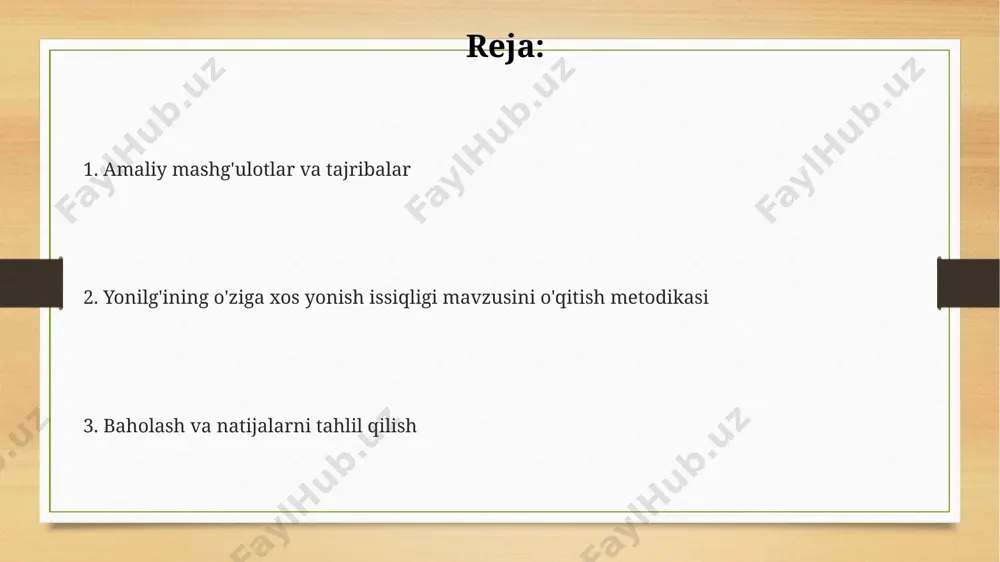 nish issiqligi qiymatlarini taqqoslashda, ularning tarkibiy farqi va natijada energiya chiqishi farqini ko'rish mumkin. turli yoqilg'ilarning o'ziga xos yonish issiqligi (kj/kg) ni taqqoslashda, masalan, tabiiy gaz (50 mj/kg) va ko'mir (25 mj/kg) o'rtasidagi farqni aniqlash mumkin, bu esa energiya samaradorligiga ta'sirini ko'rsatadi. ta'lim samaradorligini baholash va takomillashtirish ta'lim samaradorligini baholashda 5 ballli shkala yoki rubrika kabi kvantitativ va sifatli ko'rsatkichlardan foydalanish aniq natijalarga erishishga yordam beradi. dars jarayonida o'quvchilar faolligi va ishtiroki darajasini kuzatish orqali (masalan, savollarga berilgan javoblar soni va sifatini baholash), ta'lim samaradorligini 20% ga oshirish mumkin. o'quvchilarning nazariy bilimlarini amaliy topshiriqlar (masalan, 10 ta masala yechish) orqali tekshirish va ularning 30% dan ortig'i to'g'ri bajarilsa, samaradorlik yuqori deb baholanadi. yoqilg'ining o'ziga xos yonish issiqligiga ta'sir etuvchi omillar yoqilg'ining namligi uning yonish issiqligiga salbiy ta'sir qiladi, chunki suv bug'lanishiga energiya sarflanadi; masalan, 10% namlik yonish issiqligini 10% ga kamaytirishi mumkin. bosim va harorat parametrlari ham yonish jarayoniga va …