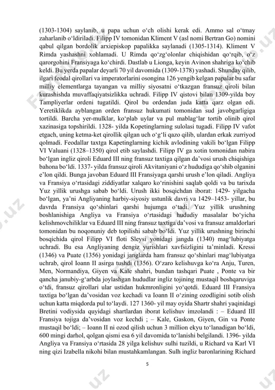 ni xristianlarga qaytarib berish uchun urush boshlashni taklif etadi. filipp iv bunga rozi bo‘ladi, ammo uning rejalari amalga oshmaydi. mo‘g‘ul xonlari bilan xat almashish filipp iv diplomatik faoliyatining bir ko‘rinishi bo‘lib, uning davrida keyingi fransuz diplomatiyasiga asos solingan. filipp iv davrida ko‘pgina muzokaralar olib borilib, ularning maqsadi urushlarni to‘xtatish yoki uning oldini olish va qo‘shni hududlarni qo‘shib olish bo‘lgan. bu muzokaralar fransuz diplomatiyasining rivojlanishi va mukammallashuviga yordamlashgan. diplomatiya orqali foydali ittifoqlar va qudratli kaolitsiyalar paydo bo‘lib, ular siyosatda muhim rol o‘ynay boshlaydi. bu vaqtgacha chet el davlatlari bilan aloqalar faqatgina kam sonli va qisqa muddatli missiyalar 124 bilan cheklangan. muzokaralar ko‘p hollarda og‘zaki o‘tgan, faqatgina filipp iv davrida yozma muzokaralar olib borilib, elchilar soni ko‘payadi. diplomatik missiyalarning vakillari vazifasini avvalgidek kappelanlar va qirol ruhoniylari bajarganlar. shartnomani tuzishda maxsus kishilar–«notariuslar» qatnashib, ular muzokaralarni yozib borgan va imzolarga guvohlik bergan va hokazo. shartnomalar, odatda, lotin tilida yozilib, muzokaralar esa fransuz tilida olib …