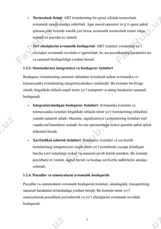 n bo‘ladi. yangi tizimlar ko‘proq avtomatlashtirish va real vaqtda monitoring qilish imkoniyatlarini yaratadi. peregon avtomatika tizimlari temir yo‘l transportining samarali ishlashini ta'minlashda muhim omil hisoblanadi. bu tizimlarning yanada rivojlanishi temir yo‘l tizimlarining xavfsizligini, samaradorligini va tejamkorligini oshirishga imkon beradi. 2. peregon telemexanika tizimlari va ularning turlari peregon telemexanika tizimlari — bu temir yo‘l transportida ma'lumotlarni masofadan uzatish, boshqaruv signallarini yuborish va qurilmalarni avtomatik tarzda boshqarish uchun mo‘ljallangan texnologik tizimlar majmuasidir. telemexanika so‘zining o‘zi ham "tele" (masofa) va "mexanika" (boshqaruv) so‘zlaridan olingan bo‘lib, uzoq masofadan boshqarishni anglatadi. temir yo‘l tizimlarida telemexanika vositasida stansiyalar, peregon uchastkalari va boshqaruv punktlari o‘rtasidagi uzluksiz aloqa va ma'lumot almashinuvi ta'minlanadi. telemexanika tizimlari avtomatika tizimlarining samarali ishlashi, harakat xavfsizligini oshirish va operativ boshqaruvni takomillashtirishda muhim rol o‘ynaydi. 2.1. peregon telemexanika tizimlarining asosiy vazifalari peregon telemexanika tizimlarining vazifalari quyidagilardan iborat: · stansiyalar va peregonlar o‘rtasida boshqaruv va signal ma'lumotlarini uzatish. · harakatni masofadan nazorat qilish va tartibga solish. …