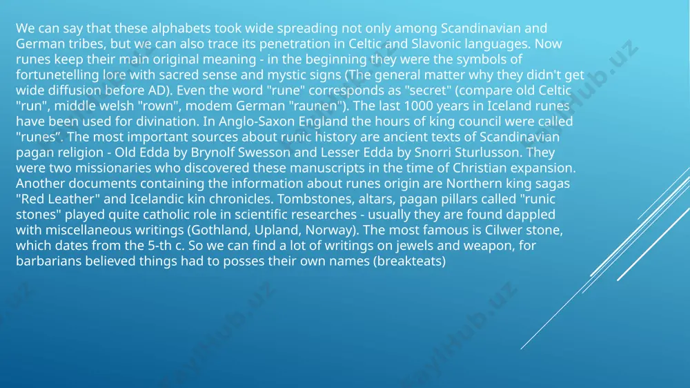 pictures: rune "fehu" f symbolizes cattle, thurisaz q 1, - thorn, wunjo w - weathercock, algiz z - elk, zin xxslightning, y r u - bow, edhwaz m - horse.the top of development and complete formation of ra system was in 1-2 c. ad. the number of runes in alphabet varied in the course of time. 28 sings appeared in the middle of the 6-th c in britain where german runes penetrated in the 5-th c. with anglo-saxon invasion, frisian futark was improved by the some additions and changes (mostly combined runes) and numbered 29 units. in northumberland 33 rune system existed already, with the mixture of celtic runes. whilst on the continent of went through the number of other changes. in the middle of the 7-th c. the tendency to simplification appeared - some runes changed in inscription, some were lost. to the middle of the 10-th c. the …