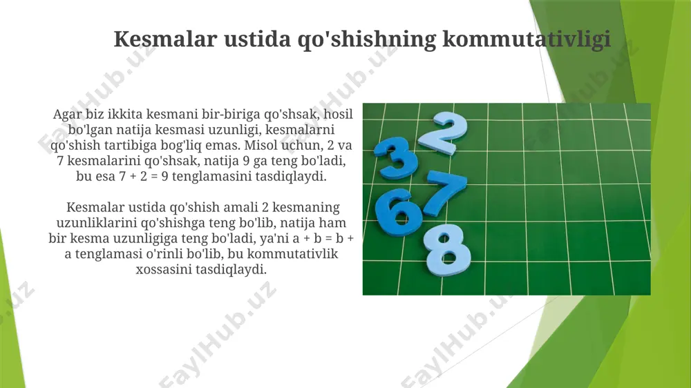 tasdiqlaydi. kesmalar uzunliklarini ifodalovchi ratsional sonlar bilan hisoblashda ham ko‘paytirishning kommutativligi saqlanib qoladi. masalan, (1/2) x 4 kesma 4 x (1/2) kesmaga teng va 2 kvadrat birlikni beradi. amallarni bajarishda yuzaga keladigan muammolar va ularning yechimlari kesmal o'lchamlariga nisbatan qo'shish, ayirish, ko'paytirish va bo'lish amallarini bajarishda yuzaga keladigan xatolarni kamaytirish uchun aniq hisoblash algoritmlarini tanlash va qoldiqlarni nazorat qilish kerak. masalan, yuqori aniqlikdagi kutubxonalardan foydalanish. kesmalarni geometrik shakllar sifatida ifodalashda, ularning o'lchamlariga ko'ra (masalan, 2 o'lchovli yoki 3 o'lchovli kesmalar) turli hisoblash usullari talab etiladi, bu esa dasturlashda qo'shimcha murakkabliklarni keltirib chiqarishi mumkin. kesmallar haqida umumiy ma'lumot kesmalarni ifodalash uchun turli xil matematik yozuvlardan, jumladan, vektorlar, matritsalar va boshqa algebraik tuzilmalardan foydalanish mumkin, bu esa ular ustida arifmetik amallarni amalga oshirish usullarini aniqlaydi. kesmalarning o'ziga xos xususiyati shundaki, ularning hajmi faqatgina miqdor emas, balki fazoviy joylashuvini ham aniqlaydi, bu esa 3 o'lchovli fazoda geometrik amallarni bajarishda muhim rol o'ynaydi. kesmalar …