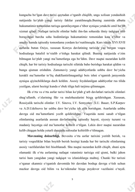 ilgan tarixiy materiallar maqola va monografiyalar shu kabilarga qaratilgan. ishning amaliy ahamiyati. kurs ishining amaliy ahamiyati shundaki, jahon tarixidagi bu qisqa davr tarixi, undagi ro‘y bergan ijtimoiy-iqtisodiy va siyosiy o‘zgarishlar, turli xil nazariyalarning vujudga kelishini, ularning sabab va mohiyatini chuqur va har tomonlama o‘rganish orqali tarixga yangi-yangi ma’lumotlar olib keladi. kurs ishining natijasiga ko‘ra, bayon etilgan faktik materiallar va ilmiy xulosalardan kelib chiqqan holda mazkur davr yuzasidan yangi ilmiy ishlarni amalga oshirishni, o‘rta asr tarixiga oid jahon tarixi kafedrasida to‘garak mashg‘ulotlarini olib borishda dasturi amal bo‘lib xizmat qilishi mumkin. kurs ishining ilmiy yangiligi. biz o‘rganishni o‘z oldimizga maqsad qilib olgan mavzu, ya’ni “xvi-xvii asrlarda koreya” mavzusiga ko‘plab tarixchilar tomonidan juda ko‘plab murojaat qilinganligi ma’lum. ushbu kurs ishini tayyorlash jarayonida, biz ko‘proq tarixiy material va manbalarga, xrestomatik asarlarga va internet saytlaridan olingan ma’lumotlarga tayangan holda voqea-hodisalarni qiyosiy tahlil asosida yoritishga harakat qildik. kurs ishining tuzilishi. kirish, uch bob, xulosa, foydalanilgan manba …