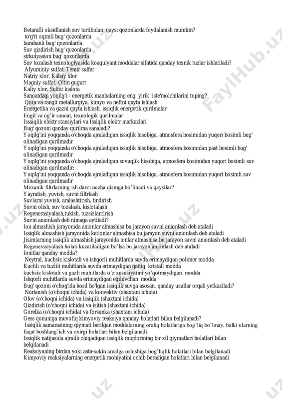 qilg'ini yoqqanda o'choqda ajraladigan issiqlik hisobiga, atmosfera bosimidan past bosimli bug' olinadigan qurilmadir yoqilg'ini yoqqanda o'choqda ajraladigan sovuqlik hisobiga, atmosfera bosimidan yuqori bosimli suv olinadigan qurilmadir; yoqilg'ini yoqqanda o'choqda ajraladigan issiqlik hisobiga, atmosfera bosimidan yuqori bosimli suv olinadigan qurilmadir mexanik filtrlarning ish davri necha qismga bo’linadi va qaysilar? yayratish, yuvish, suvni filtrlash suvlarni yuvish, aralashtirish, tindirish suvni olish, suv tozalash, kislotalash regenerasiyalash,tukish, tuzsizlantirish suvni anionlash deb nimaga aytiladi? ion almashish jarayonida anionlar almashisa bu jarayon suvni anionlash deb ataladi issiqlik almashish jarayonida kationlar almashisa bu jarayon suvni anionlash deb ataladi jisimlarning issiqlik almashish jarayonida ionlar almashisa bu jarayon suvni anionlash deb ataladi regenerasiyalash holati kuzatiladigan bo’lsa bu jarayon anionlash deb ataladi ionitlar qanday modda? neytral, kuchsiz kislotali va ishqorli muhitlarda suvda erimaydigan polimer modda kuchli va tuzlili muhitlarda suvda erimaydigan qattiq kristall modda kuchsiz kislotali va gazli muhitlarda o’z xususiyatini yo’qotmaydigan modda ishqorli muhitlarda suvda erimaydigan egiluvchan modda bug' qozoni …