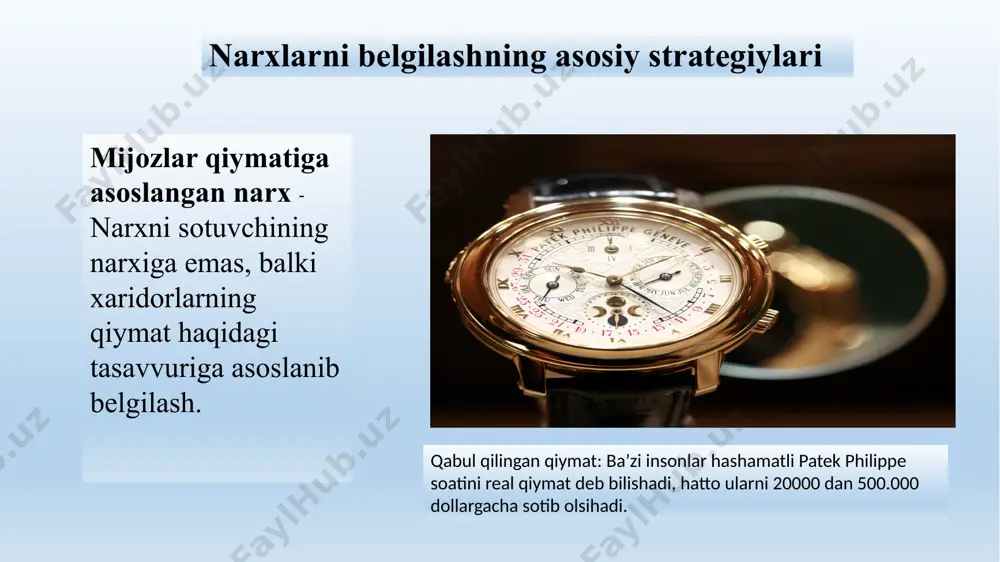 xni sozlash –mahsulotning asosiy narxini belgilash - bu faqat boshlanish. kompaniyalar odatda xaridorlarning turli xil farqlari va o'zgaruvchan vaziyatni hisobga olish uchun ularning asosiy narxlarini sozlaydi. narx sozlamalari chegirma va imtiyozlar narxi –katta xajmdagi xaridlar, erta to’lash yoki mahsulotni reklama qilish kabi xaridorlarning javoblarini mukofotlash uchun narxlarni tushirish. segmentli narxlash - xaridorlar, mahsulotlar yoki. joylashuvlar farqiga yo’l qo’yadigan narxlarni sozlash psixologik narxlash - narxlarni psixologik ta’sirga moslashtirish rag’bat narxlash - qisqa muddatli sotishni rag’batlantirish uchun narxlarni vaqtincha pasaytirish geografik narx - xaridorlarning geografik joylashuvini hisobga olgan holda narxlarni sozlash dinamik narxlar - shaxsiy mijozlarning ehtiyojlari va hohishlarini qondirish uchun narxlarni doimiy ravishda sozlash xalqaro narx - xalqaro bozorlar uchun narxlarni sozlash narx o`zgarishlari narxlar tuzilishi va strategiyasini ishlab chiqqandan so'ng, kompaniyalar ko'pincha narx o'zgarishini boshlashi yoki raqobatchilar tomonidan narx o'zgarishiga javob berishi kerak bo'lgan holatlarga duch keladilar. narx o’zgarishlarini quyidagilarda kengroq ko’rishimiz mumkin: narx o’zgarishini boshlash va narxlarning o’zgarishiga javob …