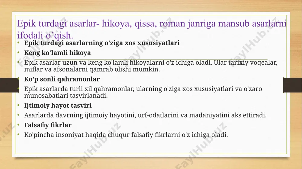 nriga mansub asarlar kiradi. hikoyalarni ifodali o‘qish hikoya - inson hayotidagi uncha katta bo‘lmagan bir voqeaning ba­diiy tasviridir. hikoya epik turga mansub kichik hajmli janr bo’lib, u o‘ziga xos imkoniyat va hayotiy qamrovga ega bo‘ladi. hikoya tasvirning ko’lami, syujet va kompozitsiyaning nisbatan soddaligi, bayonning asosan bir shaxs tomonidan olib borilishi jihatidan epik turning boshqa janrlaridan ajralib turadi. hikoya ko‘proq nasriy tuzilishga ega bo‘lsa ham, ayrim hollarda, ayniqsa, sharq klassik adabiyotida she’riy shaklda ham uchraydi. hikoyada inson va uning hayoti uchun xarakterli bo‘lgan lavhagina ko‘rsatiladi. unda inson hayotidagi ayrim hodisa, bu hodisaning yuza­ ga kelishi hikoya qilinadi. shu tarzda ayrim hodisagina bayon qilinishi sababli, unda kam personajlar ishtirok etadi. hikoyaning syujeti asosini tashkil etgan hodisaning tuguni, kulminatsiyasi, yechimi bo‘ladi. le­ kin unda bu hodisaning rivoji ko‘rsatilmaydi. masalan, abdulla qah- homing “0 ‘g ‘ri” hikoyasida ho‘kiz o‘g ‘irlanishiga qadar qobil bobo bilan nima bo‘lgani ham, voqea so‘ngidagi uning taqdiri ham bizga noma’lum. …