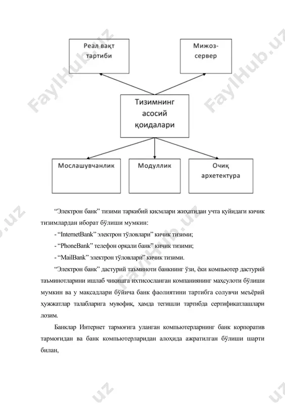анкка қўнғироқ қилади, у ерда компьютер телефония платаси ўрнатилган компьютер телефон “гўшагини кўтаради”. овоз тизими ва инсоннинг мулоқоти мижознинг телефон аппаратидаги рақамли тугмачаларни босиш, ҳамда таклиф этиладиган буйруқлар орқали амалга оширилади, масалан: “ҳисобрақамингиз ҳолати тўғрисидаги маълумотни олмоқчи бўлсангиз, 1 рақамни босинг, чет эл валюталар курслари тўғрисидаги маълумотни олмоқчи бўлсангиз, 2 ни босинг ...” мижоз ўз телефон аппаратидаги тегишли тугмачаларни босади, шундан кейин, унга тизим ёки янги хизматлар рўйхатини таклиф этади, ёки қизиқтирган маълумотни хабар қилади. ахборотни муҳофаза қилиш, ҳисобрақамларни кодлаш, шифрнинг турли алгоритмлари ва пароллаш орқали амалга оширилади. жахон амалиётидаги банк технологиялари, уларнинг ўзбекистон республикасида қўлланилиши ва унинг истиқболлари жахон амалиётидаги банк технологияларидан бири, бу супермаркет банкингдир. банк-мижоз муносабатларини яхшилаш банк махсулотларини кенгайтириш, бозорни сегментларга ажратиш ҳамда чиқим ва харажатларни чеклашга қаратилган стратегияларни амалга ошириш учун асос бўлади. банкларнинг чакана хизматларини ривожлантиришга супермаркет банкинг янги йўналиш бўлди. supermarket banking (инглиз тилидан сўзма-сўз таржимаси- дўконда банк операциялари) тарихан ақшда пайдо бўлган …