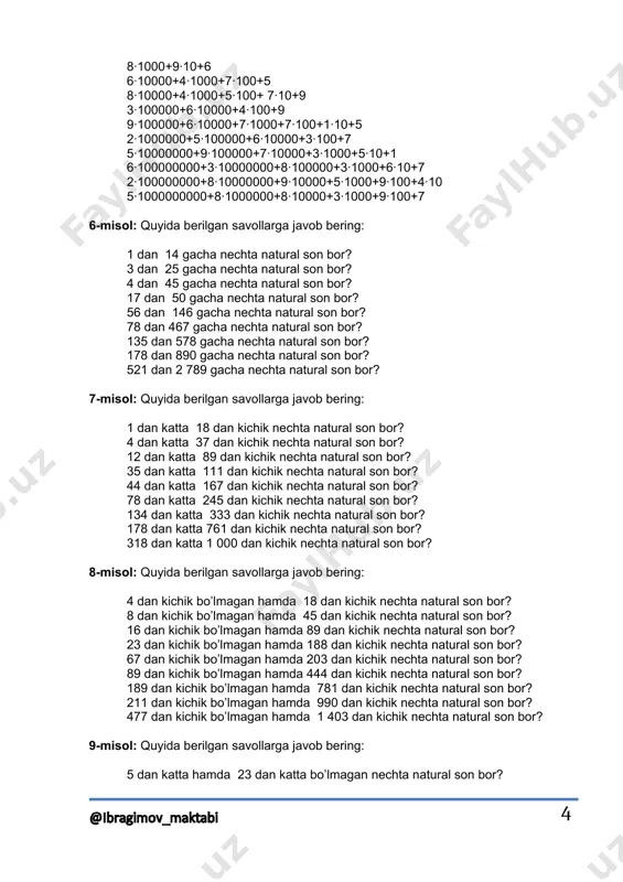 hta natural son bor? 78 dan katta 245 dan kichik nechta natural son bor? 134 dan katta 333 dan kichik nechta natural son bor? 178 dan katta 761 dan kichik nechta natural son bor? 318 dan katta 1 000 dan kichik nechta natural son bor? 8-misol: quyida berilgan savollarga javob bering: 4 dan kichik bo’lmagan hamda 18 dan kichik nechta natural son bor? 8 dan kichik bo’lmagan hamda 45 dan kichik nechta natural son bor? 16 dan kichik bo’lmagan hamda 89 dan kichik nechta natural son bor? 23 dan kichik bo’lmagan hamda 188 dan kichik nechta natural son bor? 67 dan kichik bo’lmagan hamda 203 dan kichik nechta natural son bor? 89 dan kichik bo’lmagan hamda 444 dan kichik nechta natural son bor? 189 dan kichik bo’lmagan hamda 781 dan kichik nechta natural son bor? 211 dan kichik bo’lmagan hamda 990 dan kichik nechta natural son bor? 477 dan kichik …